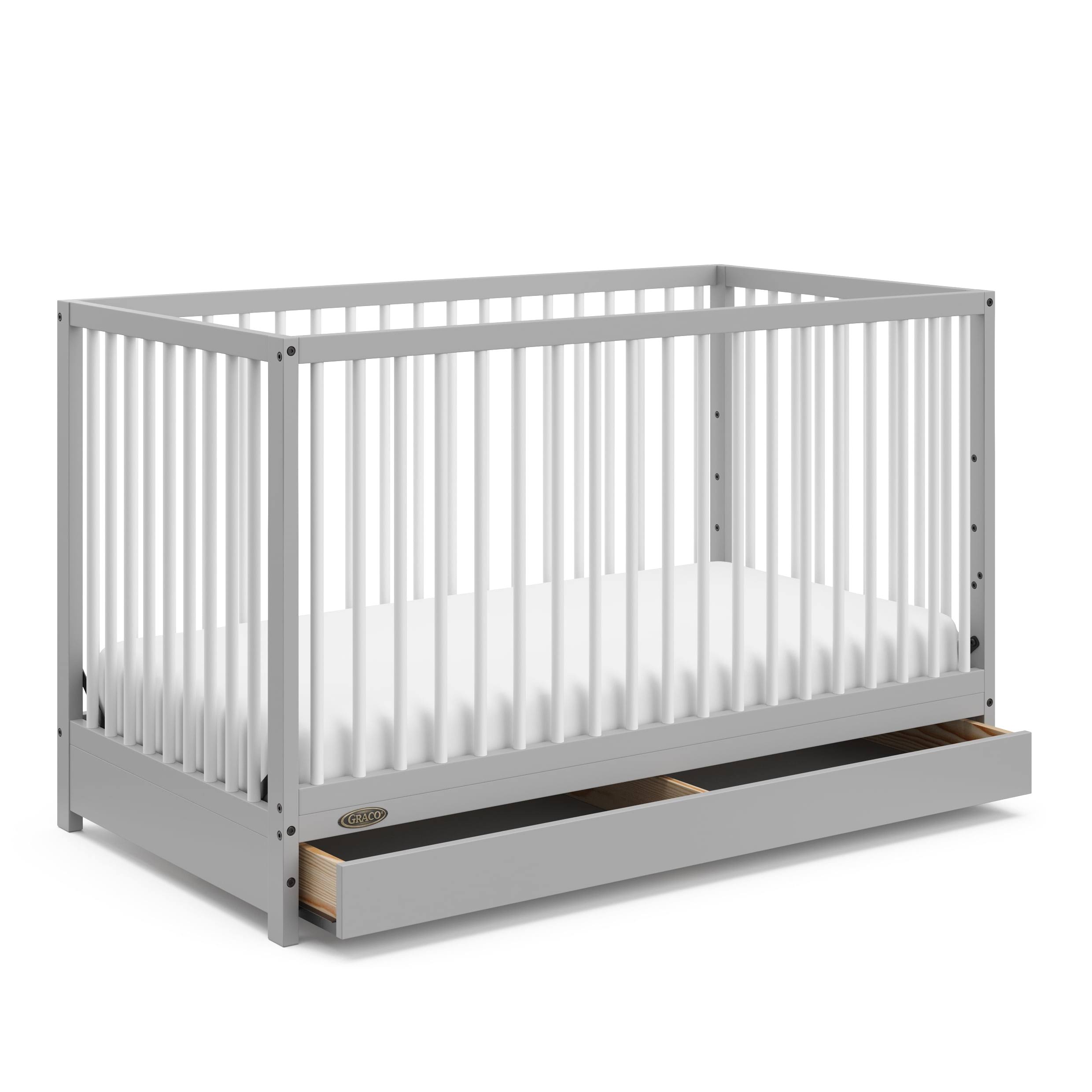 Teddi 5-in-1 Convertible Baby Crib with Drawer, Pebble Gray and White