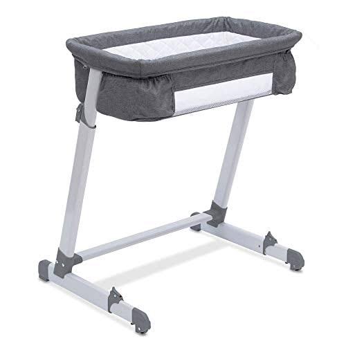 Simmons Kids By The Bed City Sleeper Bassinet, Adjustable Height Portable Crib with Wheels   Airflow Mesh, Grey Tweed