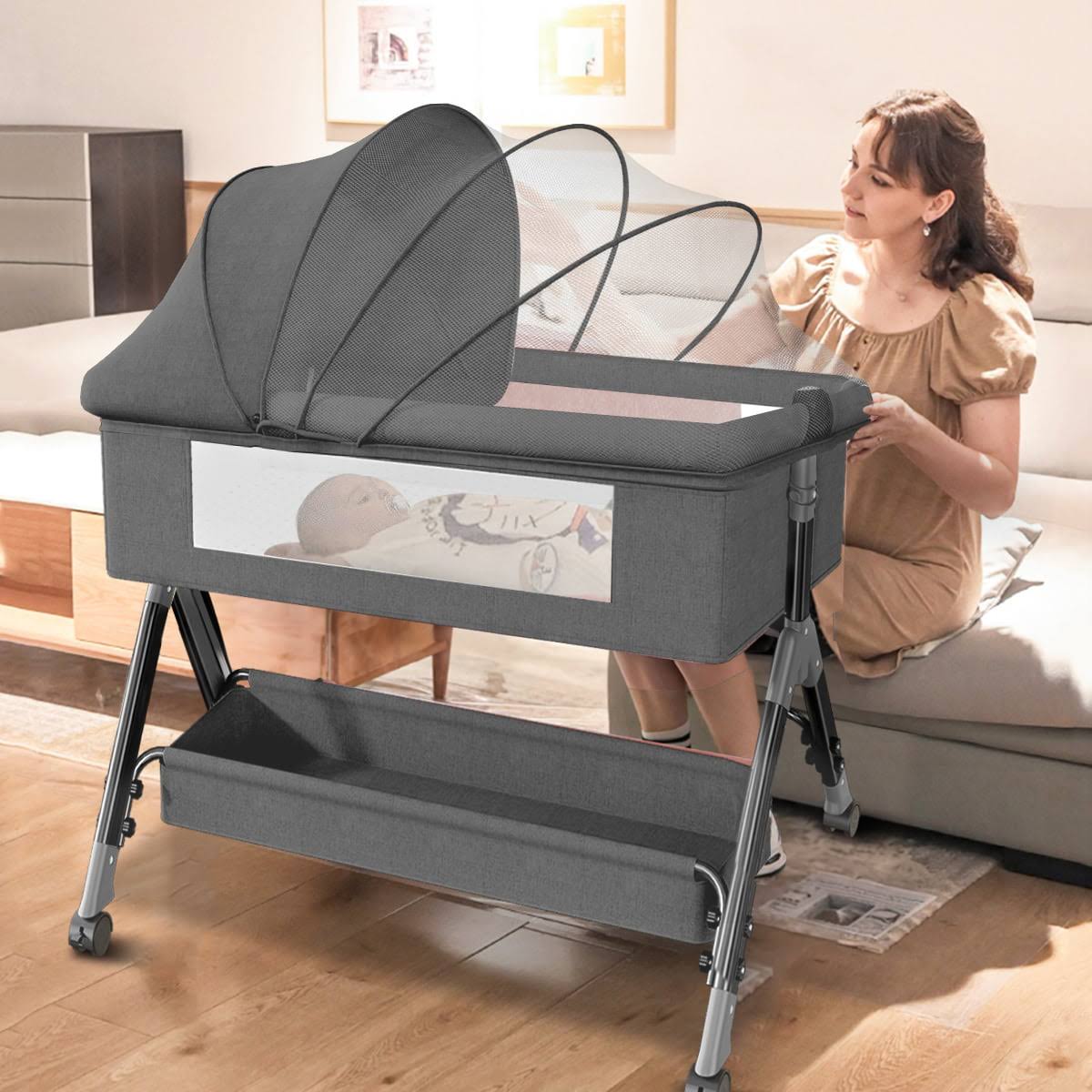 Baby Bassinet, HDJ Bedside sleeper Bassinet with Storage Basket for Infant, Bedside Crib for 0-6 Months, Dark Gray