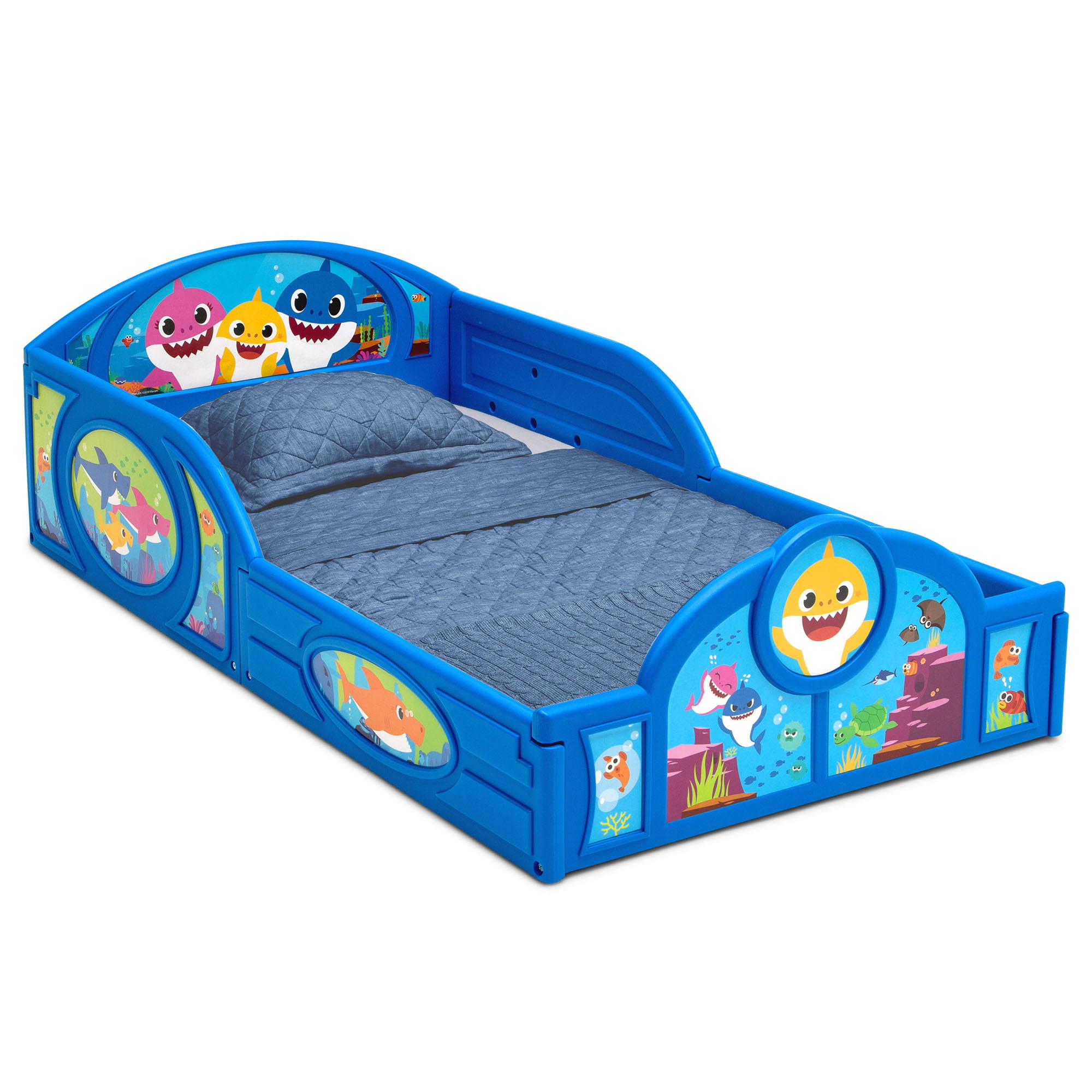 Baby Shark Plastic Sleep and Play Plastic Toddler Bed with Attached Guardrails   Toddler Size Bed