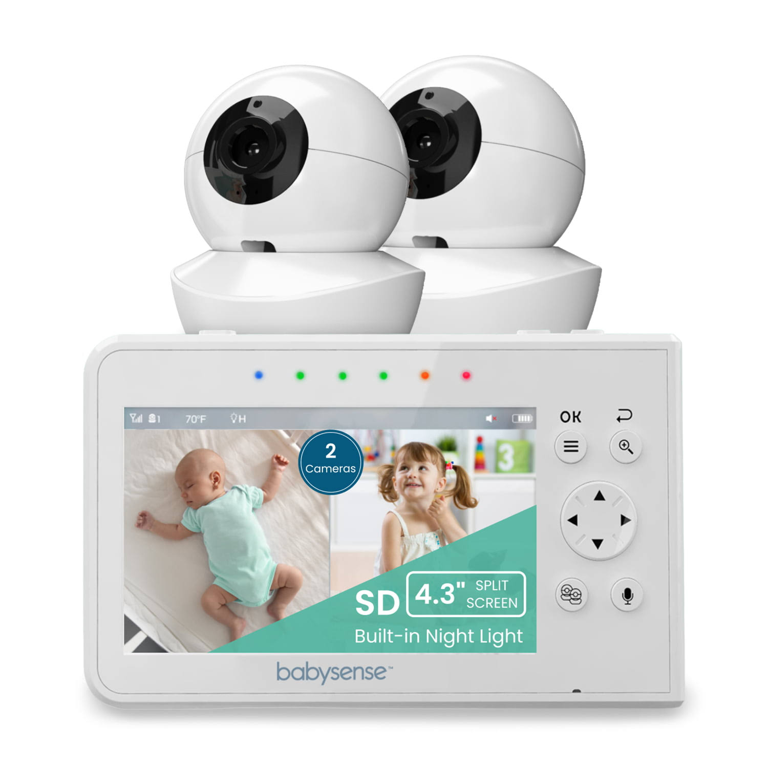 Babysense Split Screen Video Baby Monitor, 4.3  Display with 2 PTZ Cameras, Long Range, Night Light   Vision, Two-Way Talk, V43