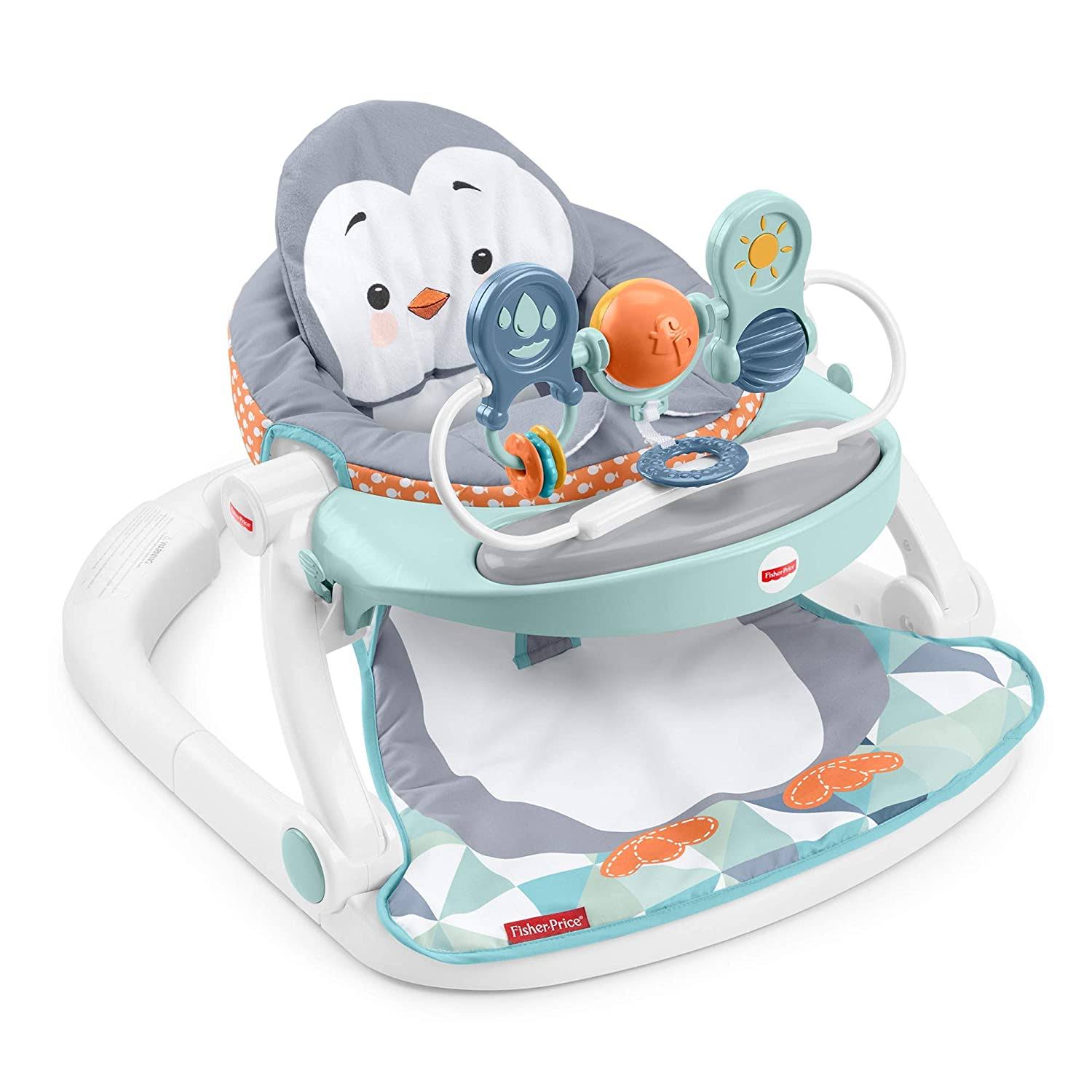 Portable Baby Chair Sit-Me-Up Floor Seat With Snack Tray And Removable -Toy Bar, Penguin Island