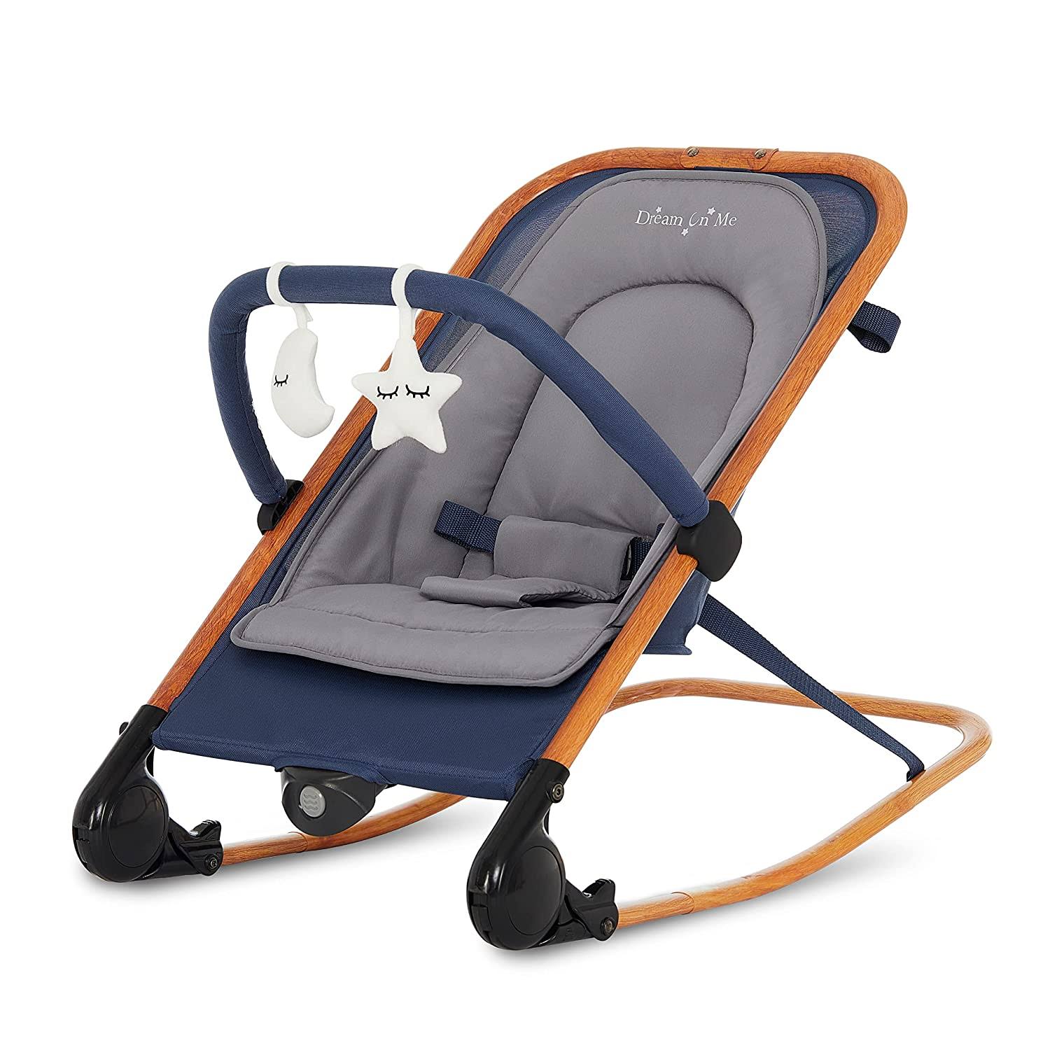 Dream on Me Rock with me 2-in-1 Rocker and Stationary Seat | Compact Portable Infant Rocker with Removable Toys Bar   Hanging Toys in Blue