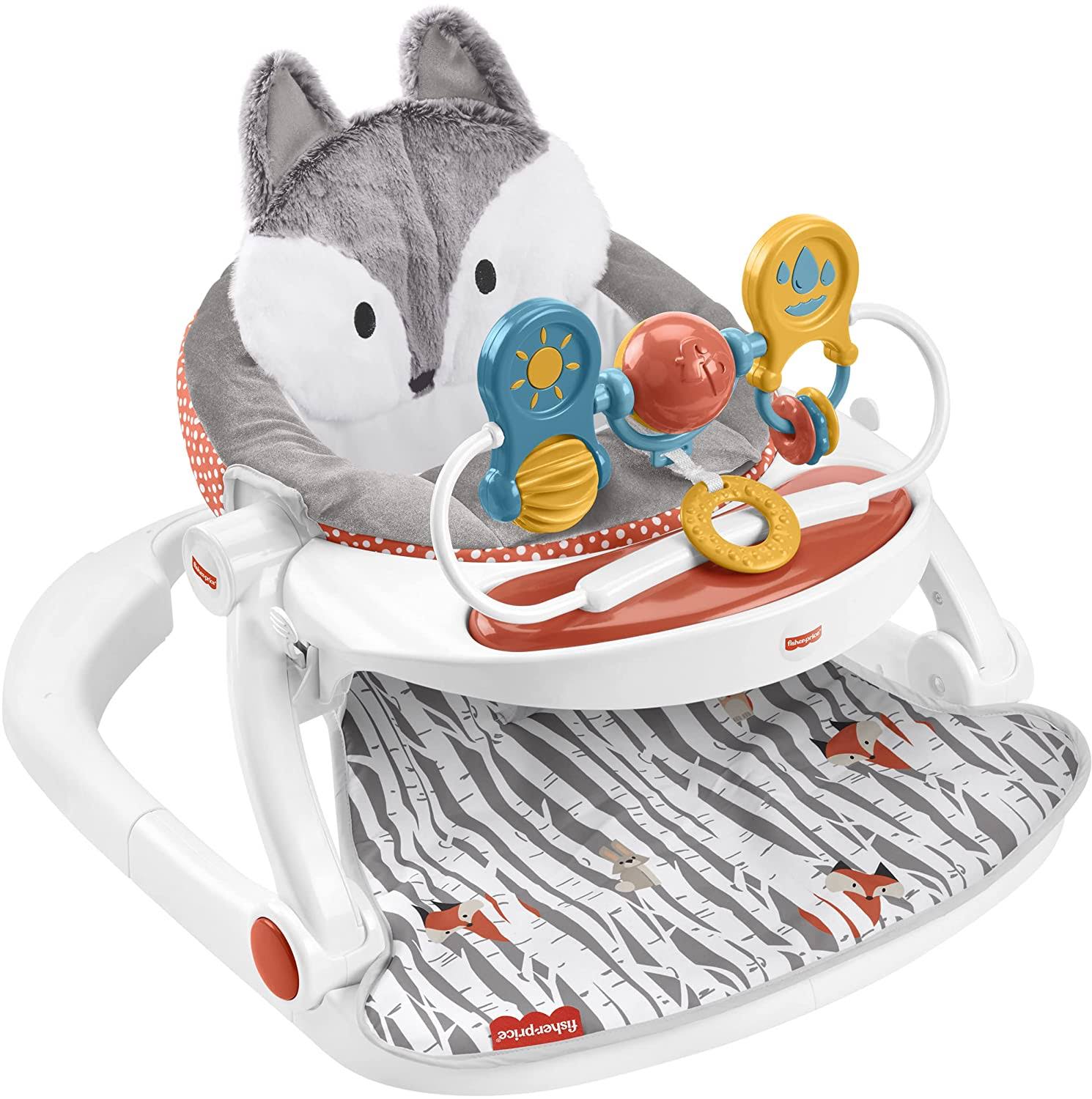 Portable Baby Chair Premium Sit-Me-Up Floor Seat with Snack Tray and Toy Bar, Plush Seat Pad, Peek-a-Boo Fox