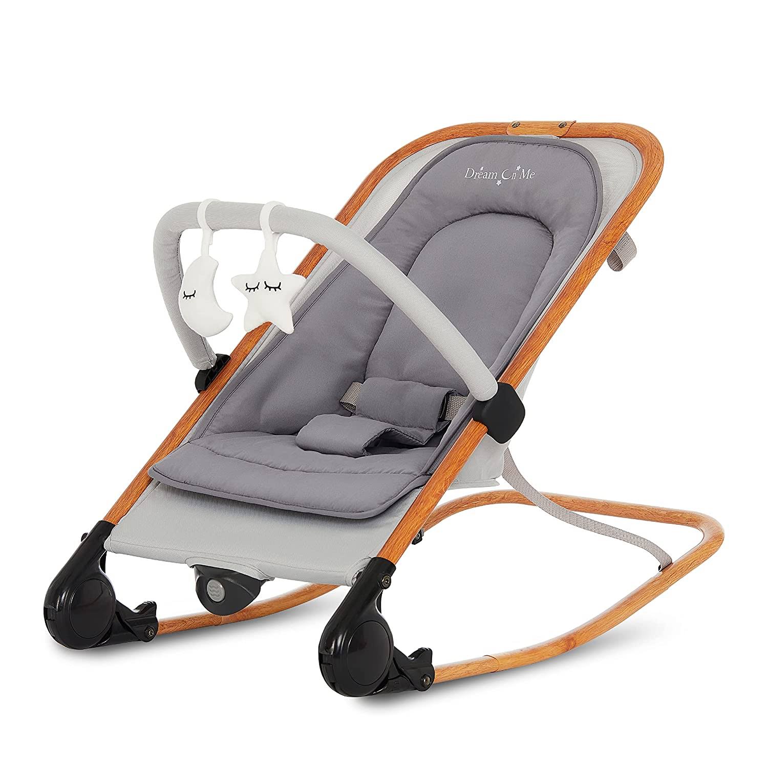 Dream on Me Rock with me 2-in-1 Rocker and Stationary Seat | Compact Portable Infant Rocker with Removable Toys Bar   Hanging Toys in Grey