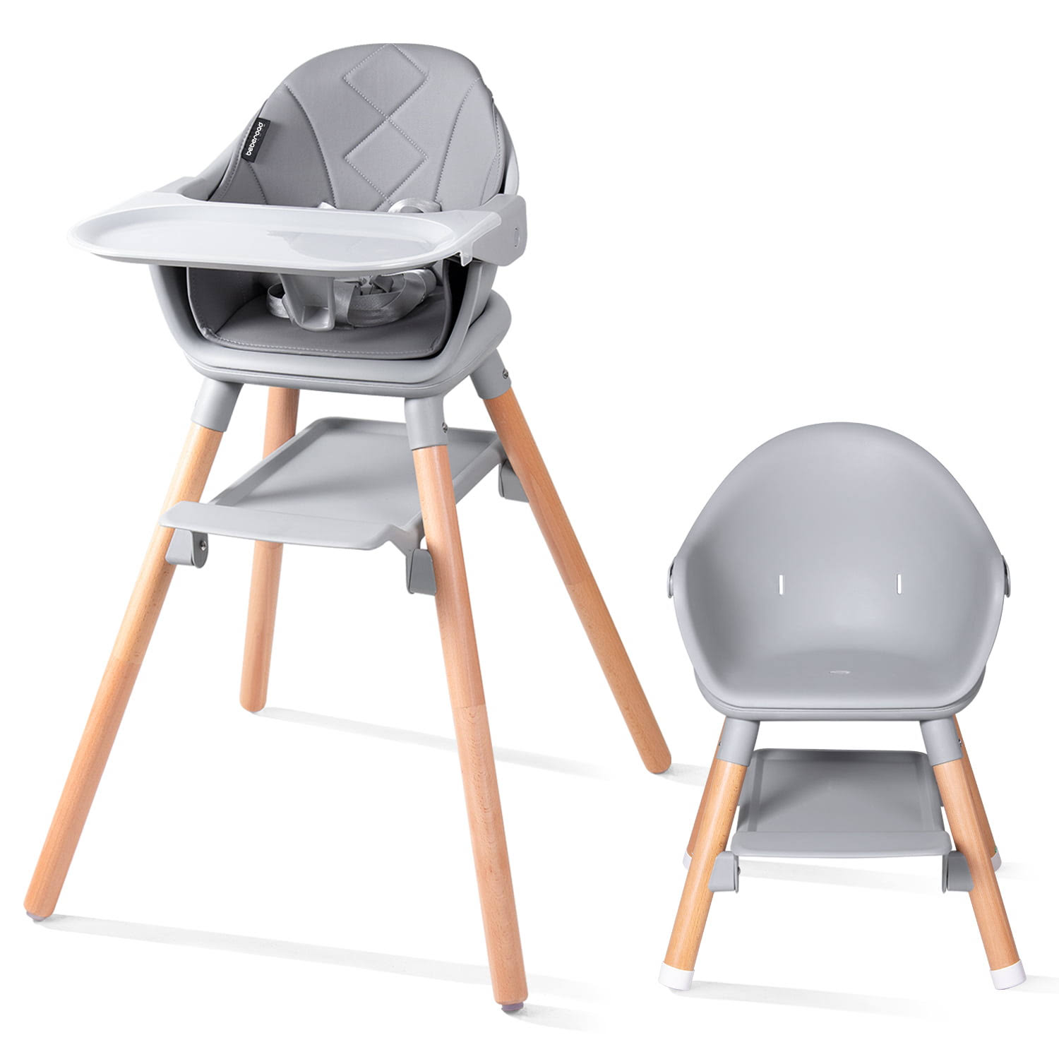 Beberoad Love Baby High Chair, 4 in 1 Wooden Highchair Convertible High Chair Booster Toddler Chair with Double Removable Tray, 5-Point Harness   PU Cushion for Babies Infants Toddlers Grey