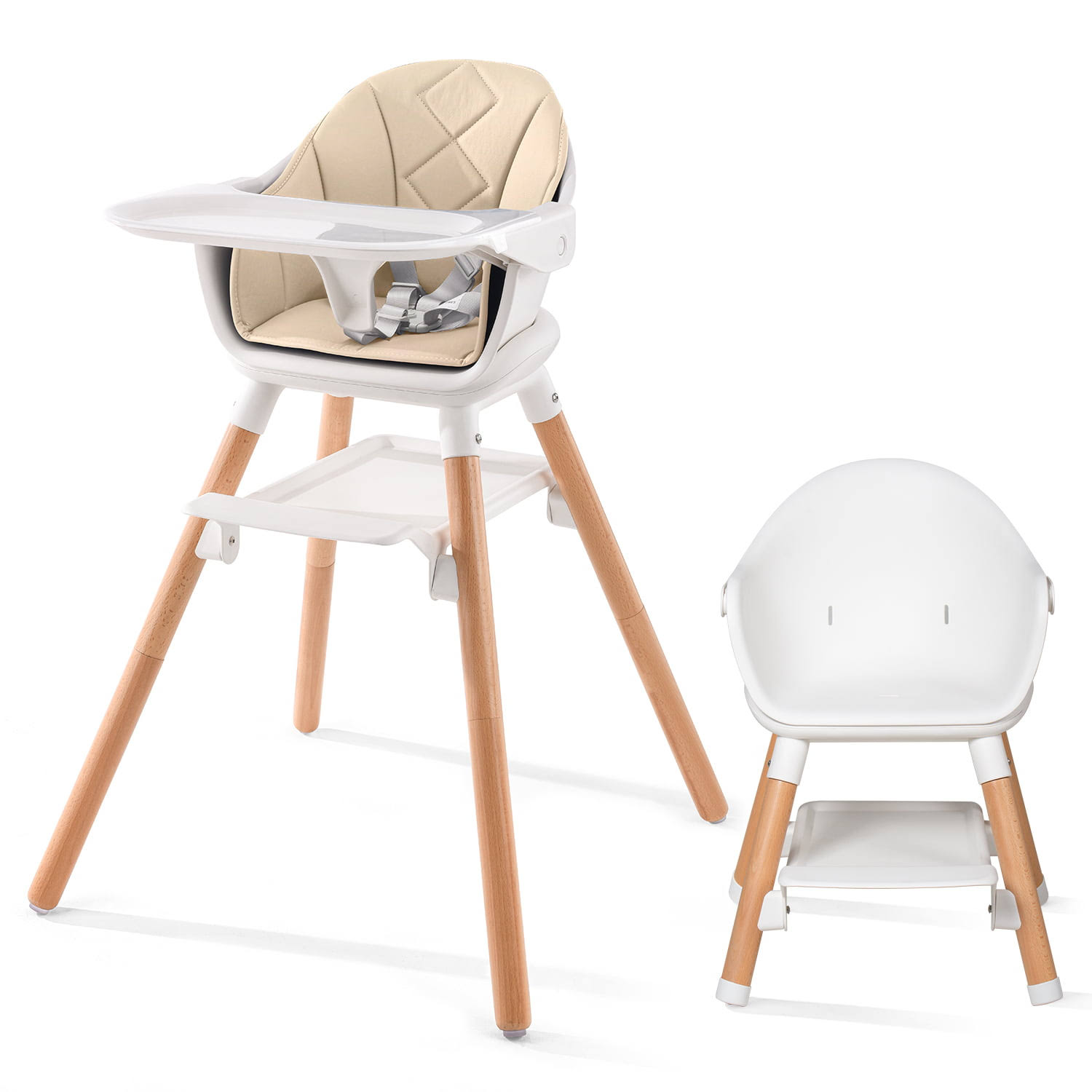 Beberoad Love Baby High Chair, 4 in 1 Wooden Highchair Convertible High Chair Booster Toddler Chair with Double Removable Tray, 5-Point Harness   PU Cushion for Babies Infants Toddlers White