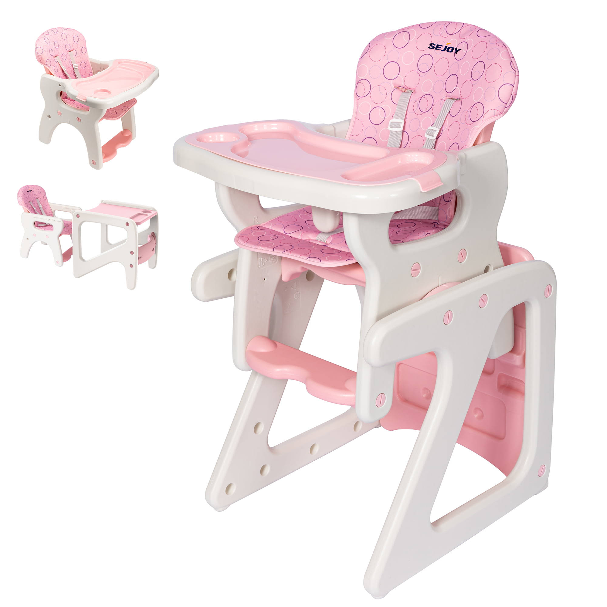 Sejoy 3 in 1 Baby High Chair Convertible Play Table Seat Booster Toddler Feeding Tray, Pink
