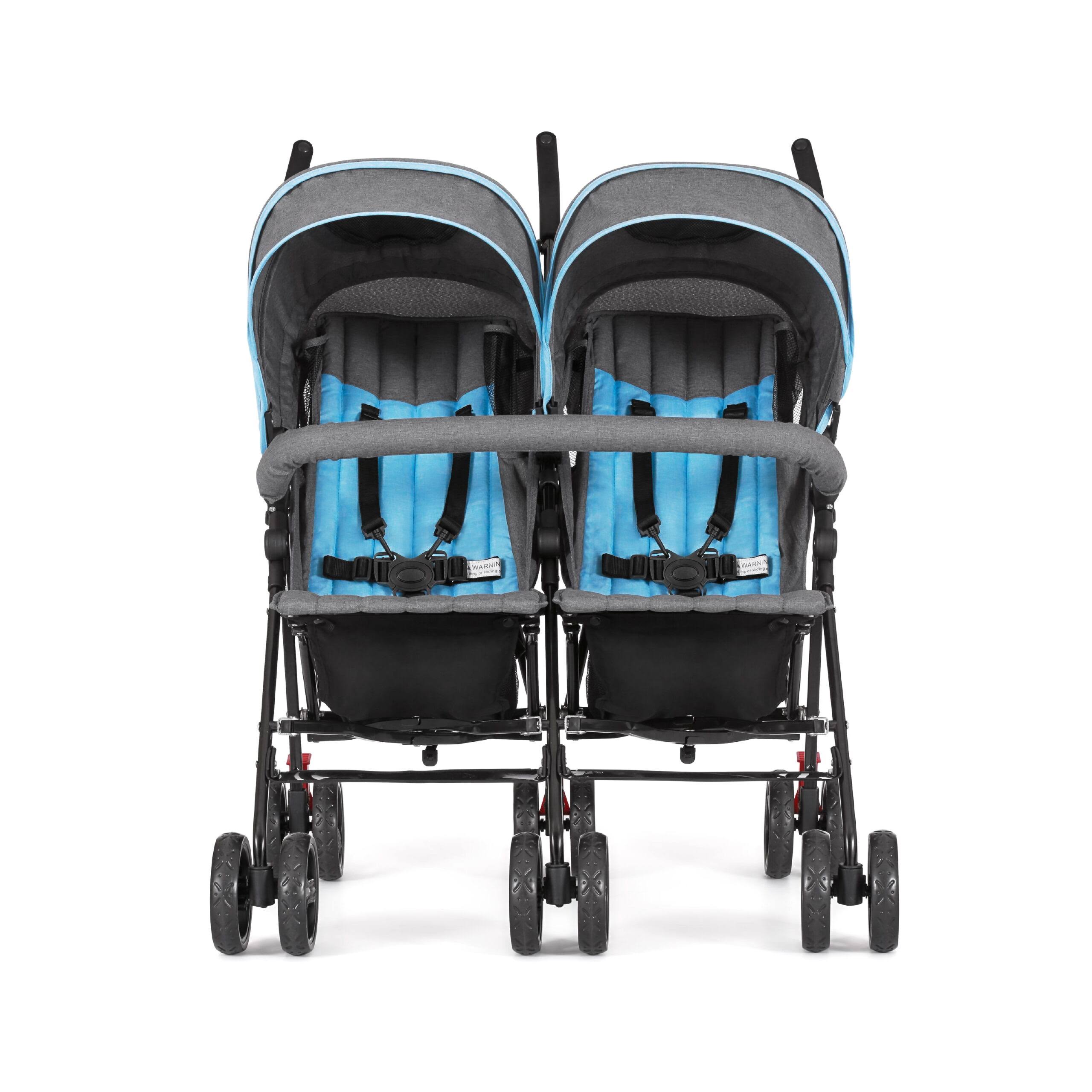 Volgo Twin Umbrella Stroller, Blue and Dark Grey