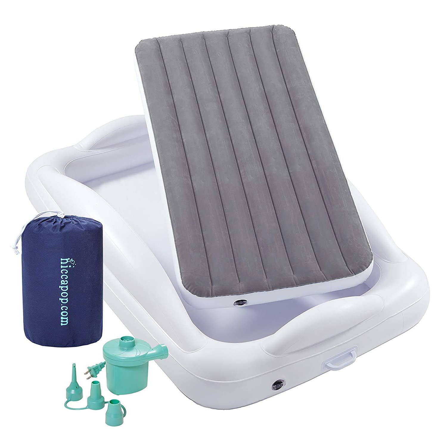 hiccapop Inflatable Toddler Travel Bed with Safety Bumpers [4-Sided] | Portable Toddler Bed for Kids | Toddler Air Mattress | Kids Air Mattress   Grey