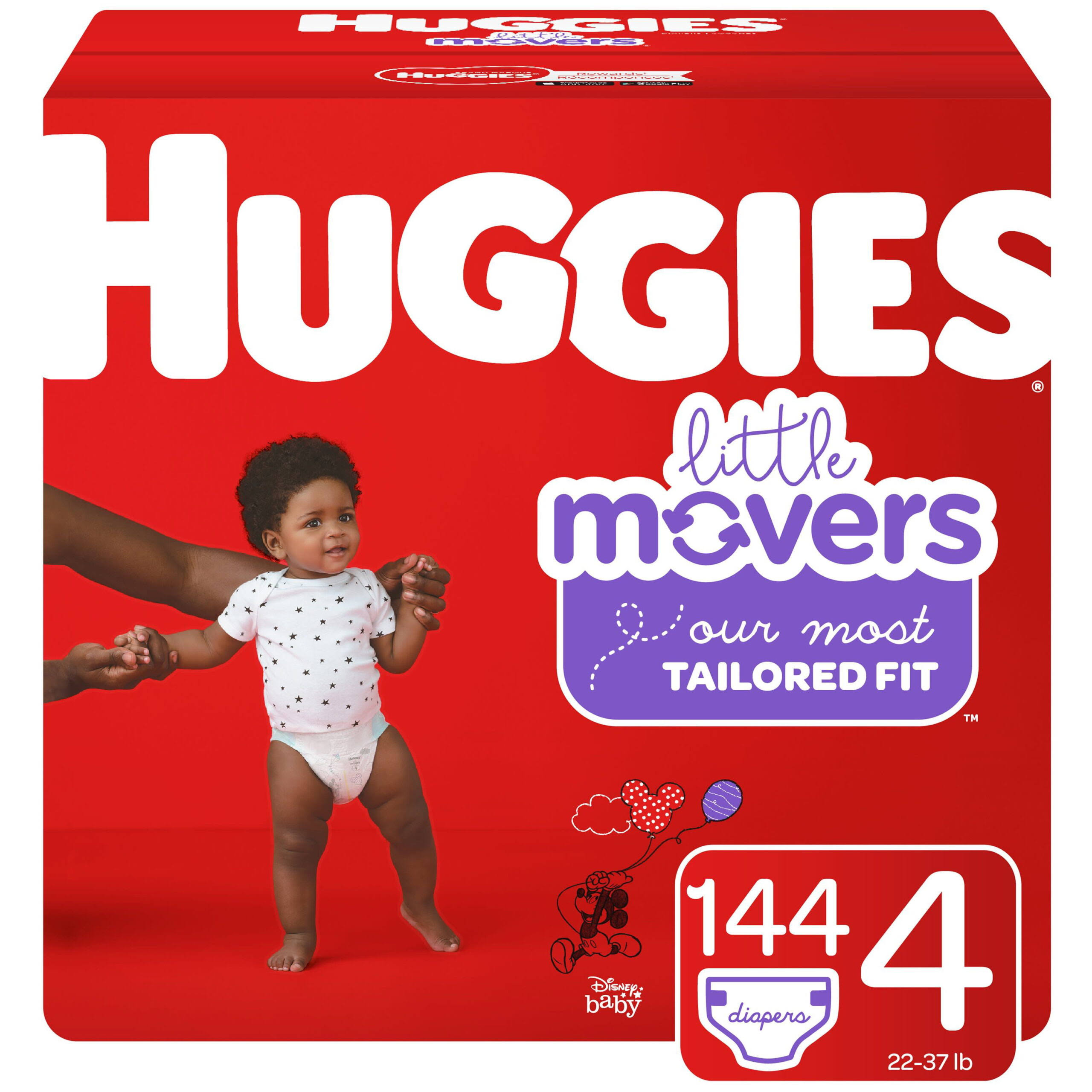 Little Movers Baby Diapers, 144 Ct, Size 4 (22-37 lb.), One Month Supply