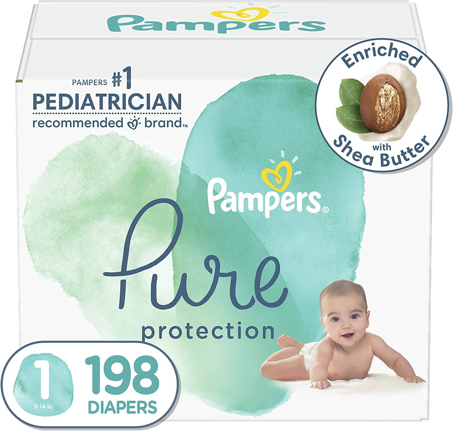 Diapers Size 1, 198 Count   Pampers Pure Protection Hypoallergenic Disposable Baby Diapers for Sensitive Skin, Fragrance Free, (Packaging May Vary)