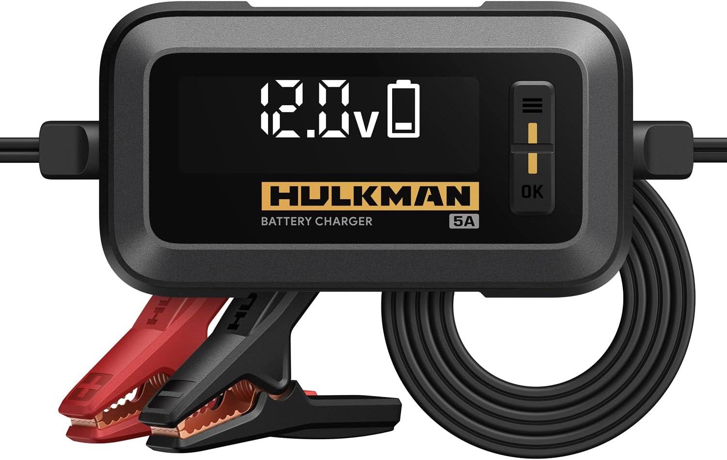 HULKMAN Sigma 5 Battery Trickle Charger, 5A 6V/12V Automatic Smart Car Battery Charger, Battery Maintainer, and Desulfator with Intelligent Interface for Car, Motorcycle, ATV, Lithium and Deep Cycle
