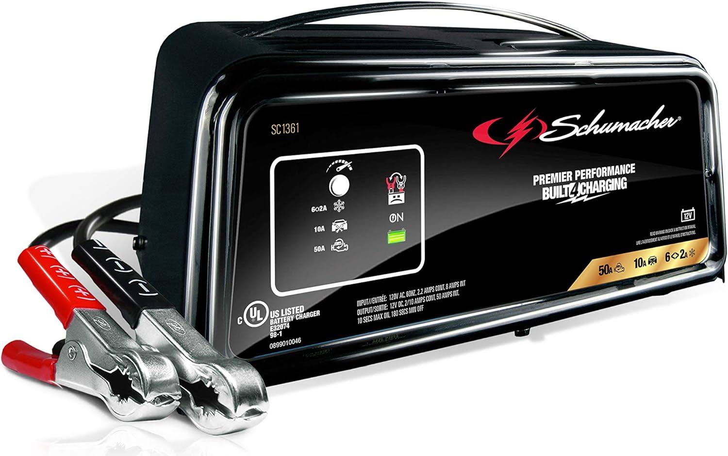 SC1361 Fully Automatic Jump Starter and Battery Charger for Motorcycle, Power Sport, Lawn Tractor, Car, SUV, Truck, and Boat Batteries, 50 Cranking Amps, 12 Volts, Black, 1 unit