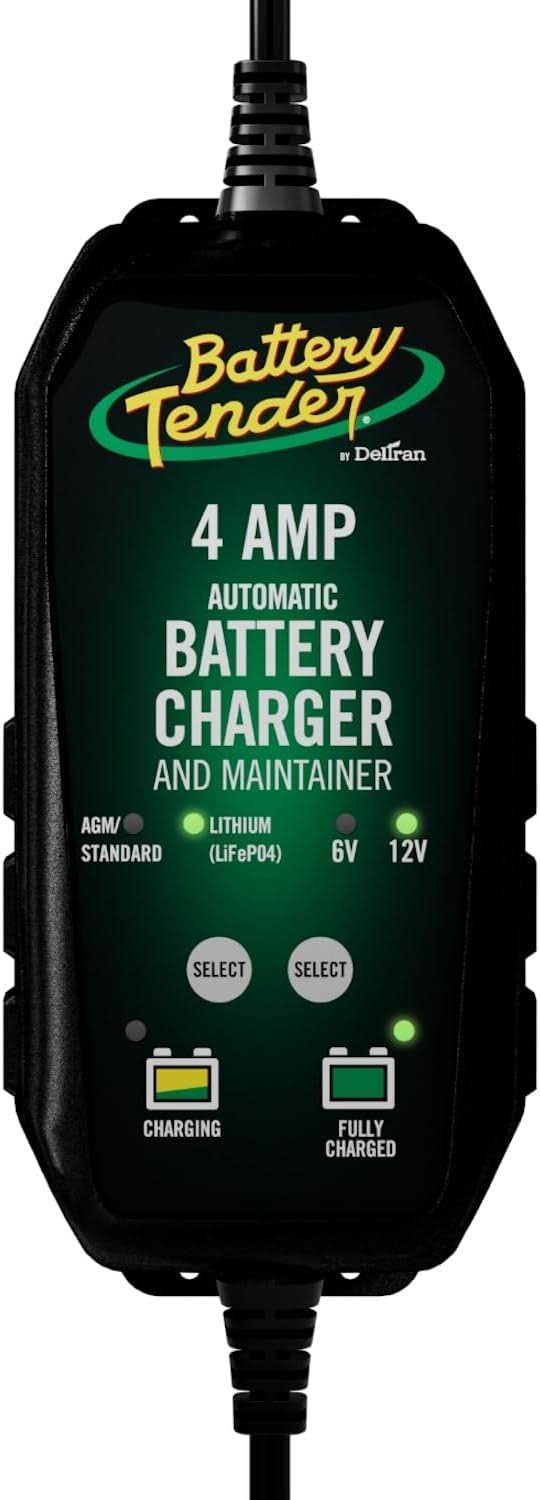 Battery Tender 4 AMP Battery Charger and Maintainer   Automotive Switchable 12V or 6V Smart Fully Automatic for Cars SUVs and Trucks   Lead Acid   Lithium Battery Charger   022-0209-BT-WH
