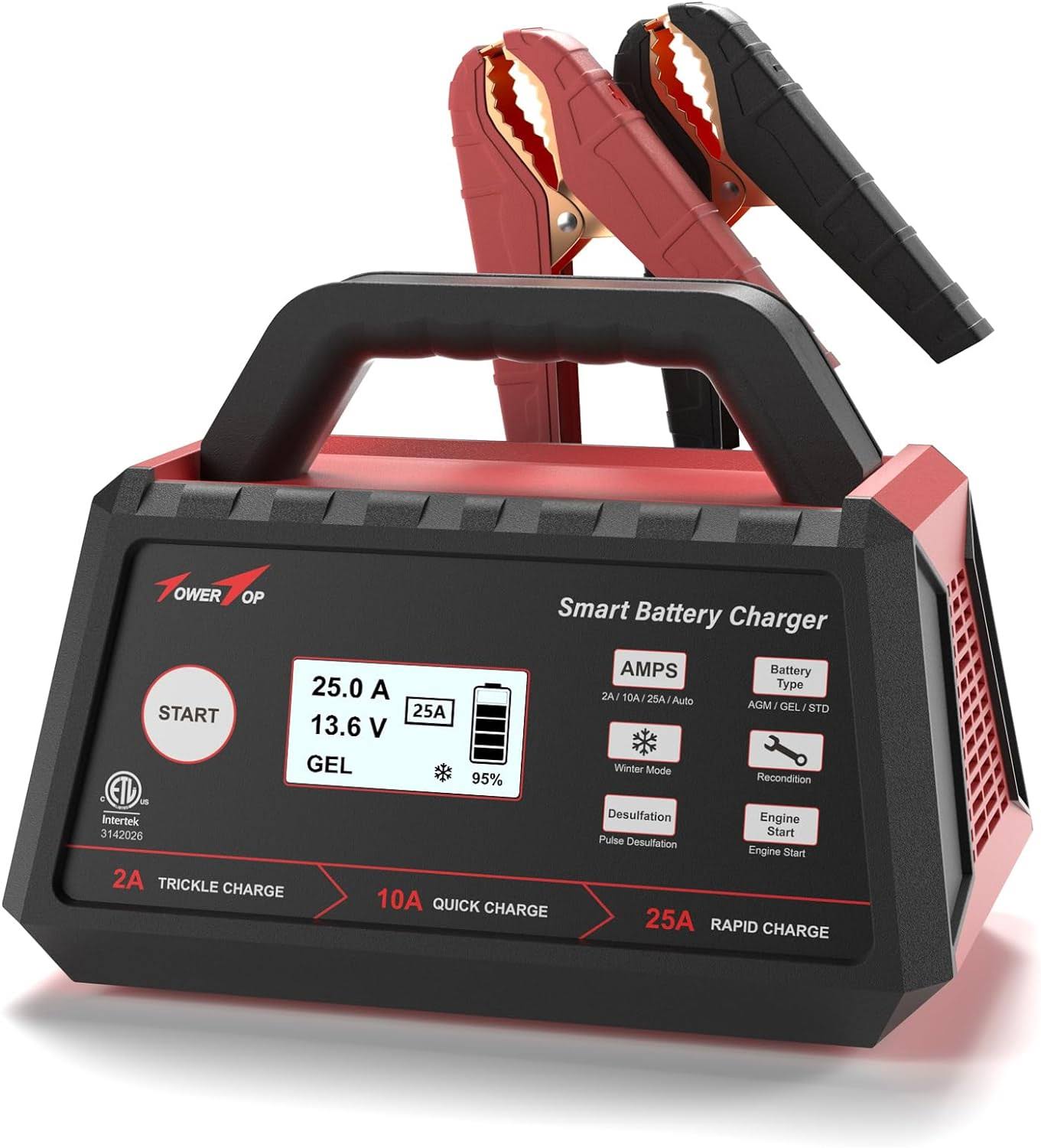 TowerTop 2/10/25 Amp 12V Smart Car Battery Charger, Fully Automatic Battery Maintainer with Engine Start, Auto Desulfator, Battery Repair, Winter Mode, for AGM, STD, GEL, Deep Cycle Batteries