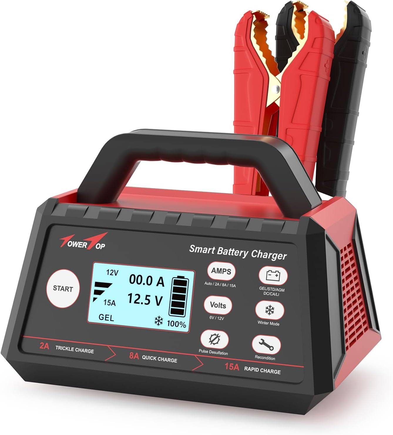 TowerTop 2/8/15 Amp Smart Car Battery Charger, 6V/12V Fully Automatic Battery Maintainer with Auto Desulfator, Battery Repair, Winter Mode, for All Lead-Acid and LiFePO4 Batteries