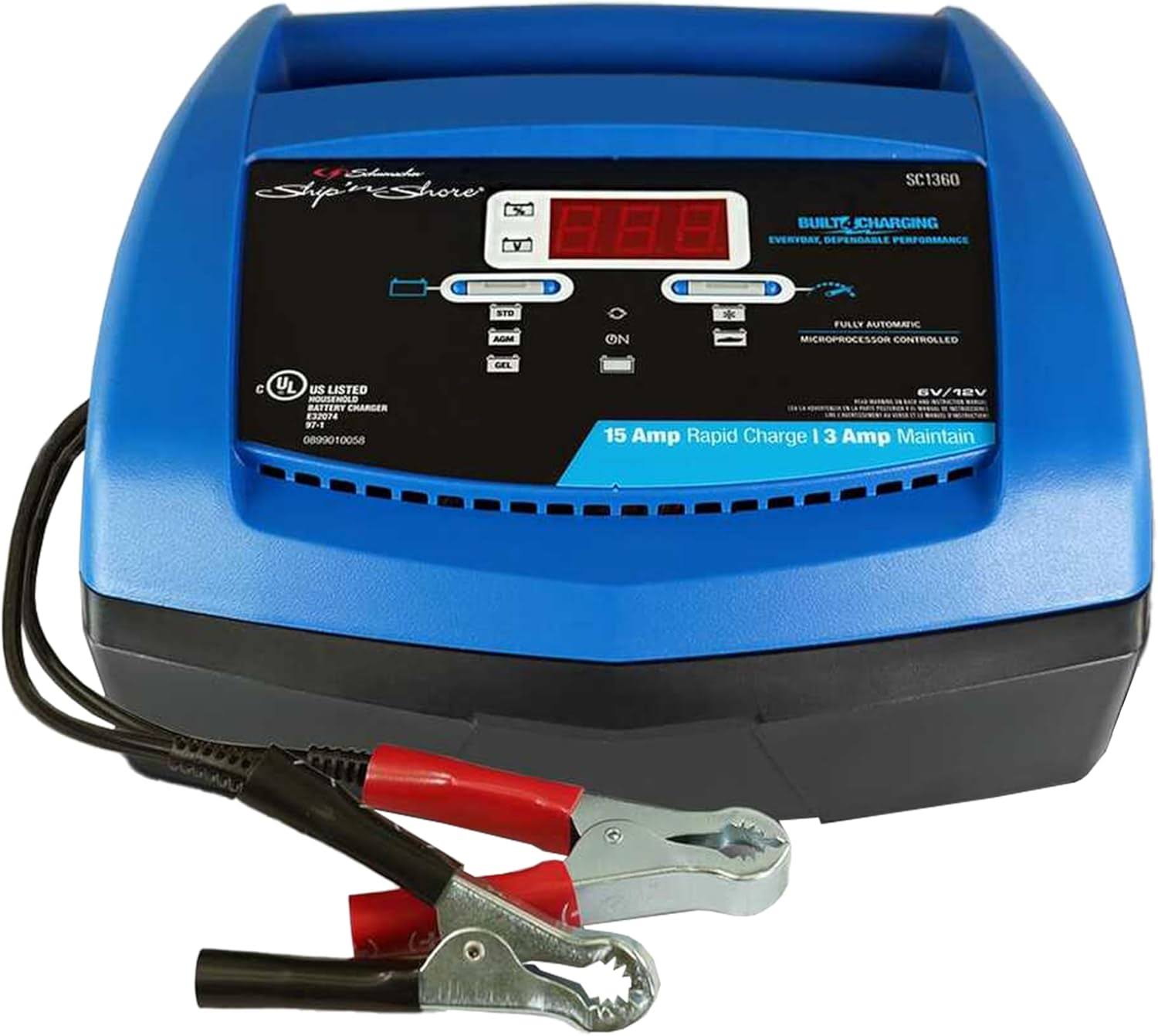 SC1360 Fully Automatic Battery Charger and Maintainer   15 Amp/3 Amp, 6V/12V   For Cars, Trucks, SUVs, Marine, RVs