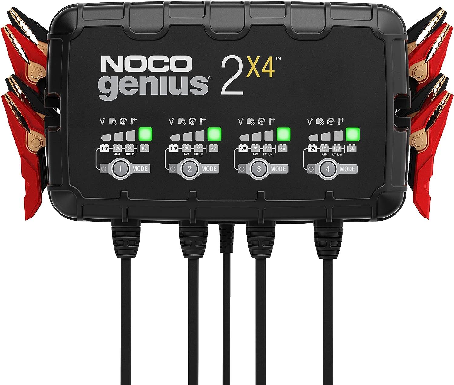 GENIUS2X4, 4-Bank, 8A (2A/Bank) Smart Car Battery Charger, 6V/12V Automotive Charger, Battery Maintainer, Trickle Charger, Float Charger and Desulfator for Motorcycle, ATV and Lithium Batteries