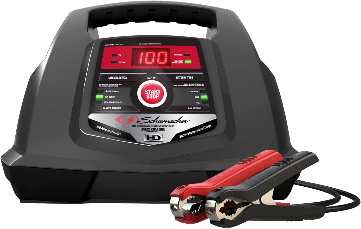 Electric SC1281 Fully Automatic Battery Charger and Jump Starter for Car, SUV, Truck, and Boat Batteries, 100 Cranking Amps, 30-Amp Boost Mode, 6 Volt, 12 Volt, Black
