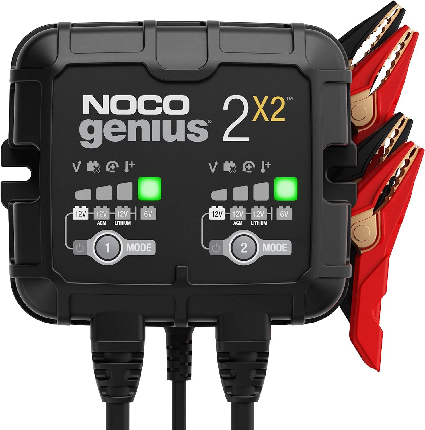 GENIUS2X2, 2-Bank, 4A (2A/Bank) Smart Car Battery Charger, 6V/12V Automotive Charger, Battery Maintainer, Trickle Charger, Float Charger and Desulfator for Motorcycle, ATV and Lithium Batteries