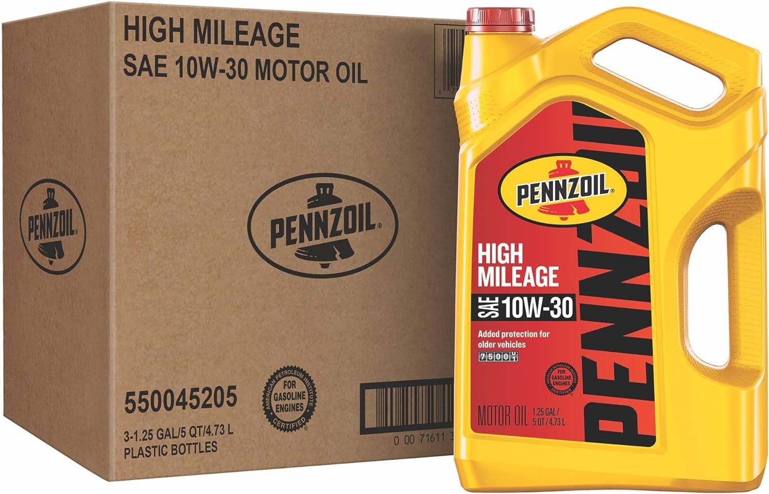 Pennzoil High Mileage Conventional 10W-30 Motor Oil for Vehicles Over 75K Miles (5-Quart, Case of 3)