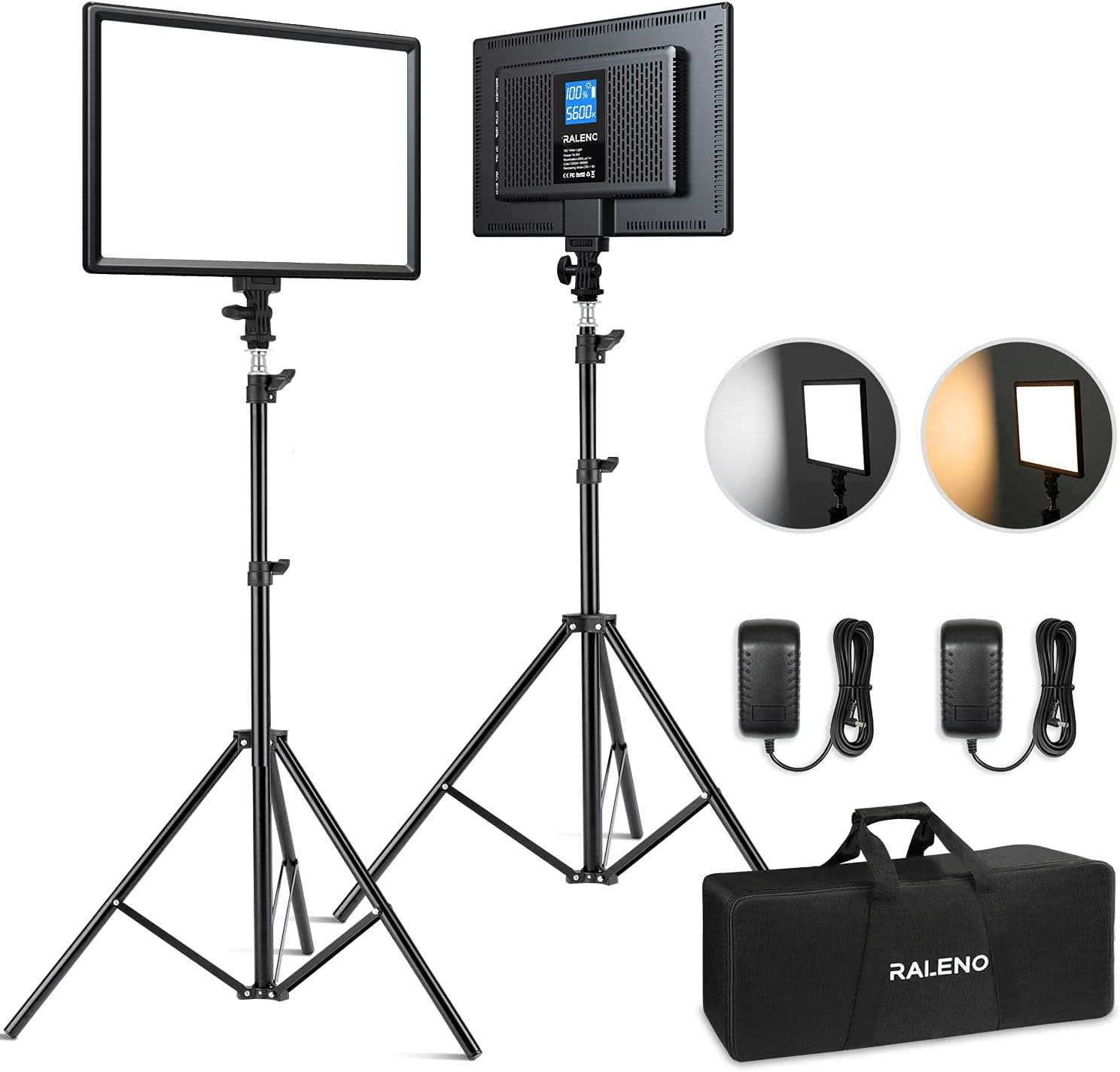 RALENO 2 Packs LED Video Light and 75inches Stand Lighting Kit, CRI 95+ Photography Lighting with 8000mAh Built-in Battery   LCD Display, Studio Lights for TikTok, YouTube, Live Streaming, Videography