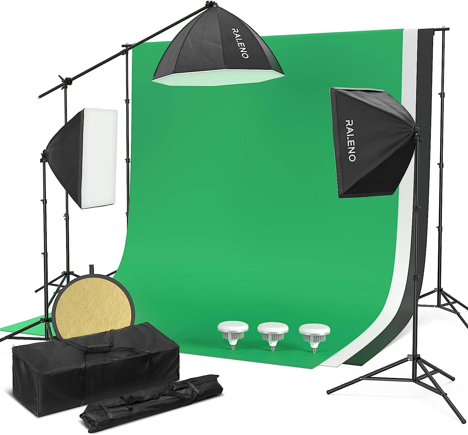 RALENO Softbox Photography Lighting Kit, 8.5ft x 10ft Background Support System with 3 x 85W 5500K LED Bulbs and 2-in-1 Reflector, Continuous Softbox Light for Photo Video Shooting