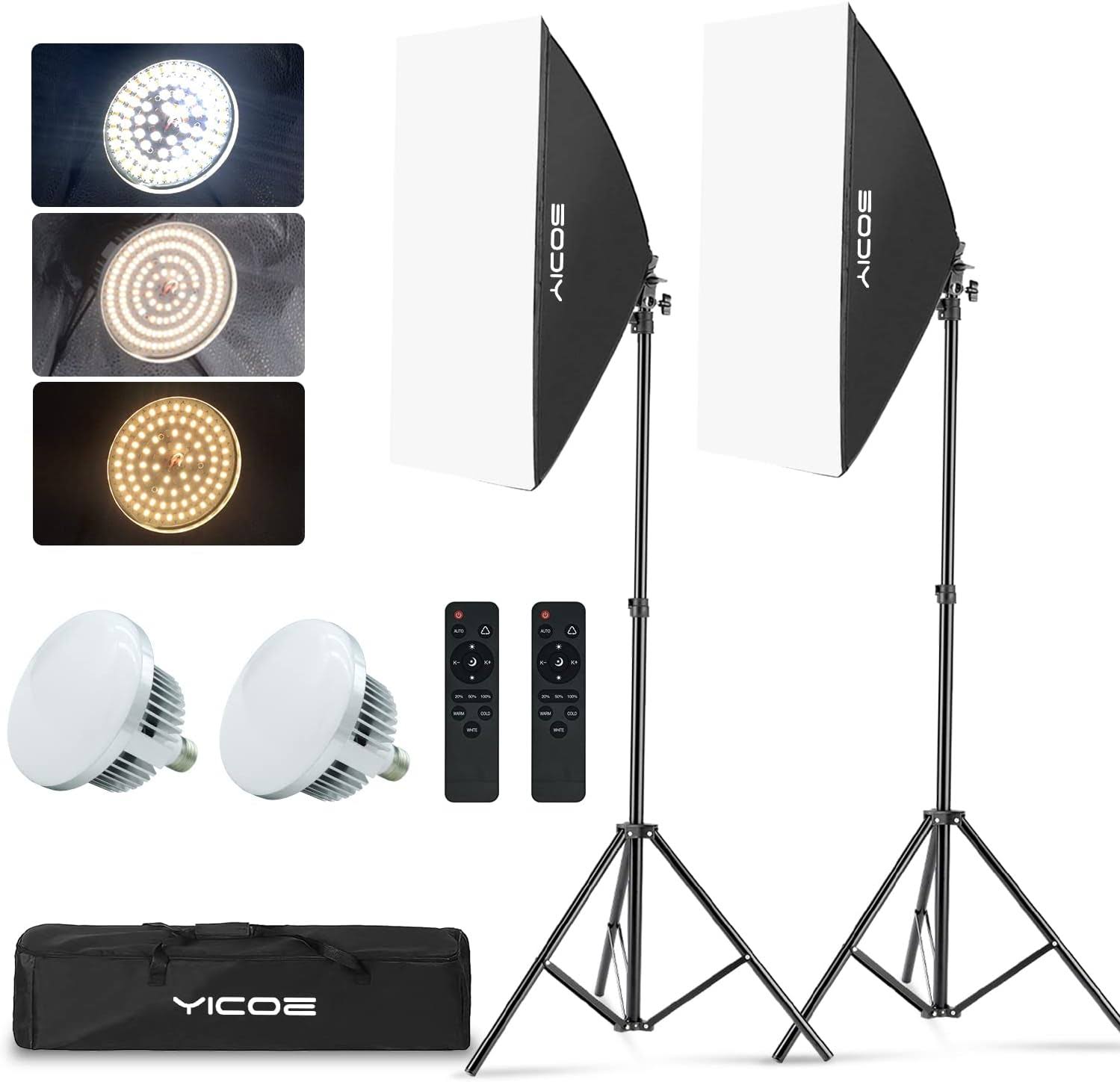 YICOE Softbox Lighting Kit, YICOE Photography Lighting Kit 2 19.7 x27.5  Continuous Lighting System with 5700K E27 LED Bulb and Remote for Portrait Product Portrait Video Fashion Photography…