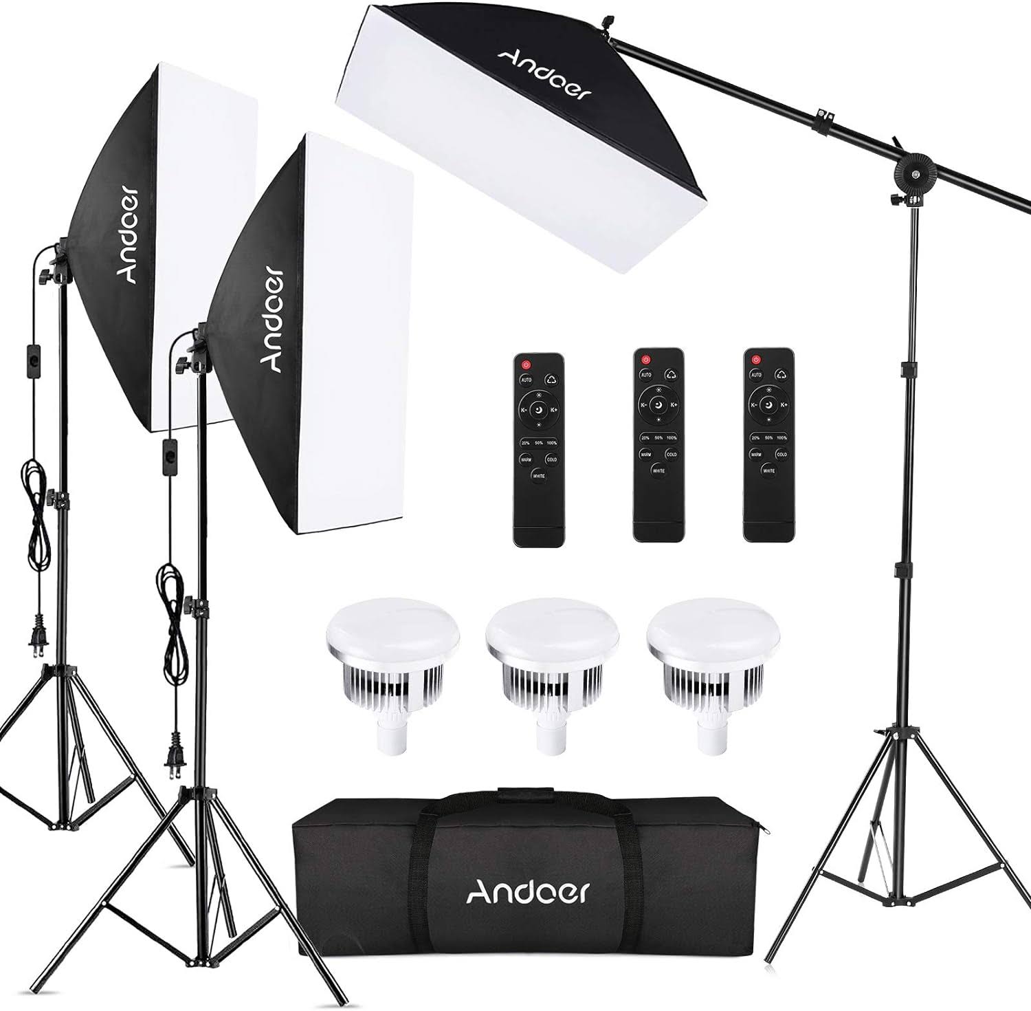 Andoer Softbox Photography Lighting Kit Professional Studio Equipment with 20 x28  Softbox, 2800-5700K 85W Bi-Color Temperature Bulb with Remote, Light Stand, Boom Arm for Portrait Product Shooting
