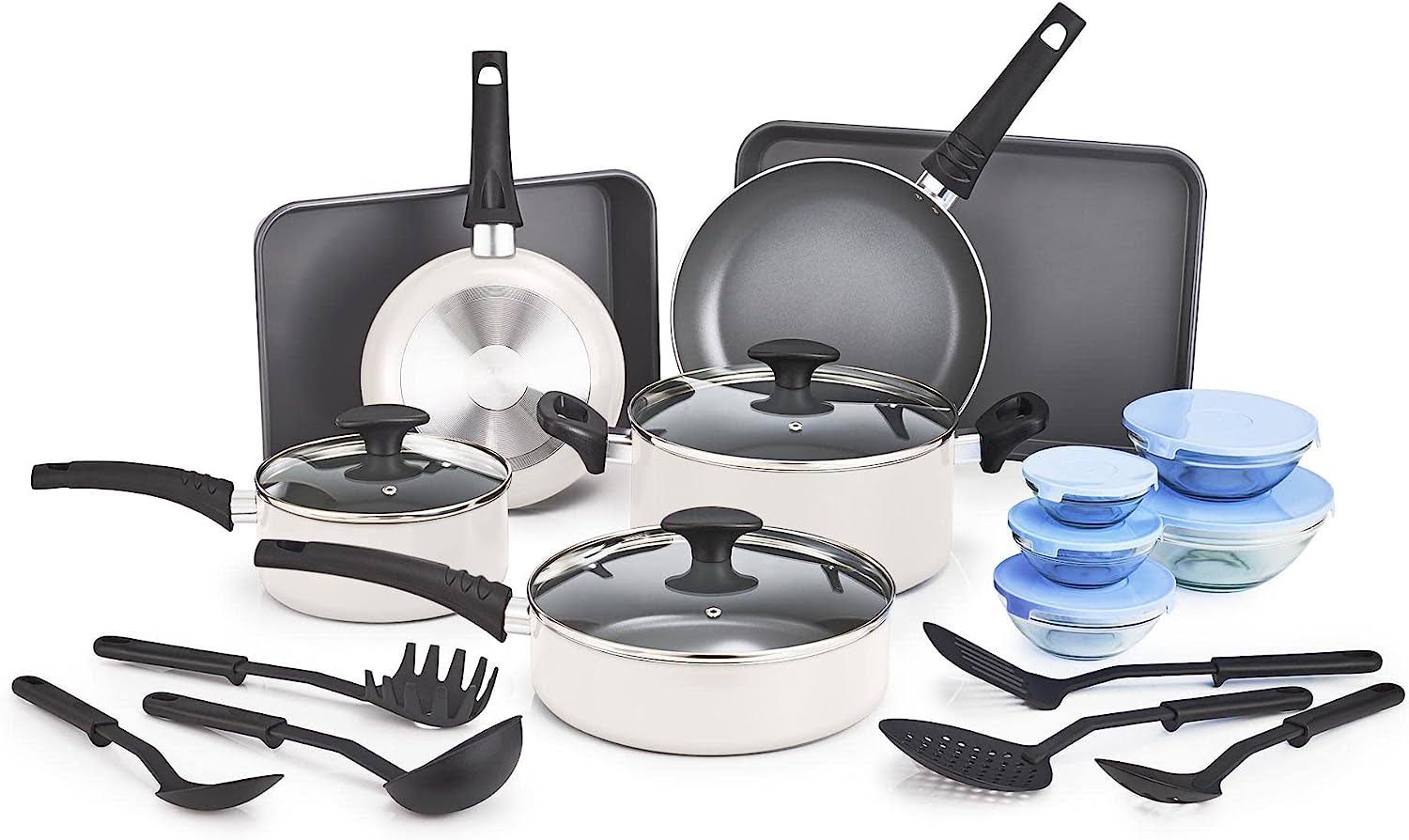 BELLA Nonstick Cookware Set with Glass Lids   Aluminum Bakeware, Pots and Pans, Storage Bowls   Utensils, Compatible with All Stovetops, 21 Piece, White