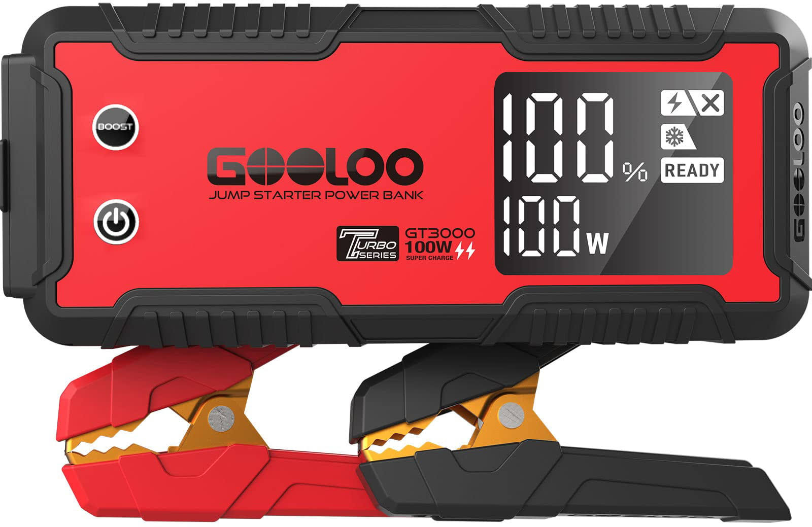 Car Jump Starter, GOOLOO GT3000 3000A Peak, 100W 2-Way Fast Charging, SuperSafe 12V Lithium Portable Car Battery Booster Pack, IP65 Power Bank Charger Box with Jumper Cables for 8L Diesel and 10L Gas