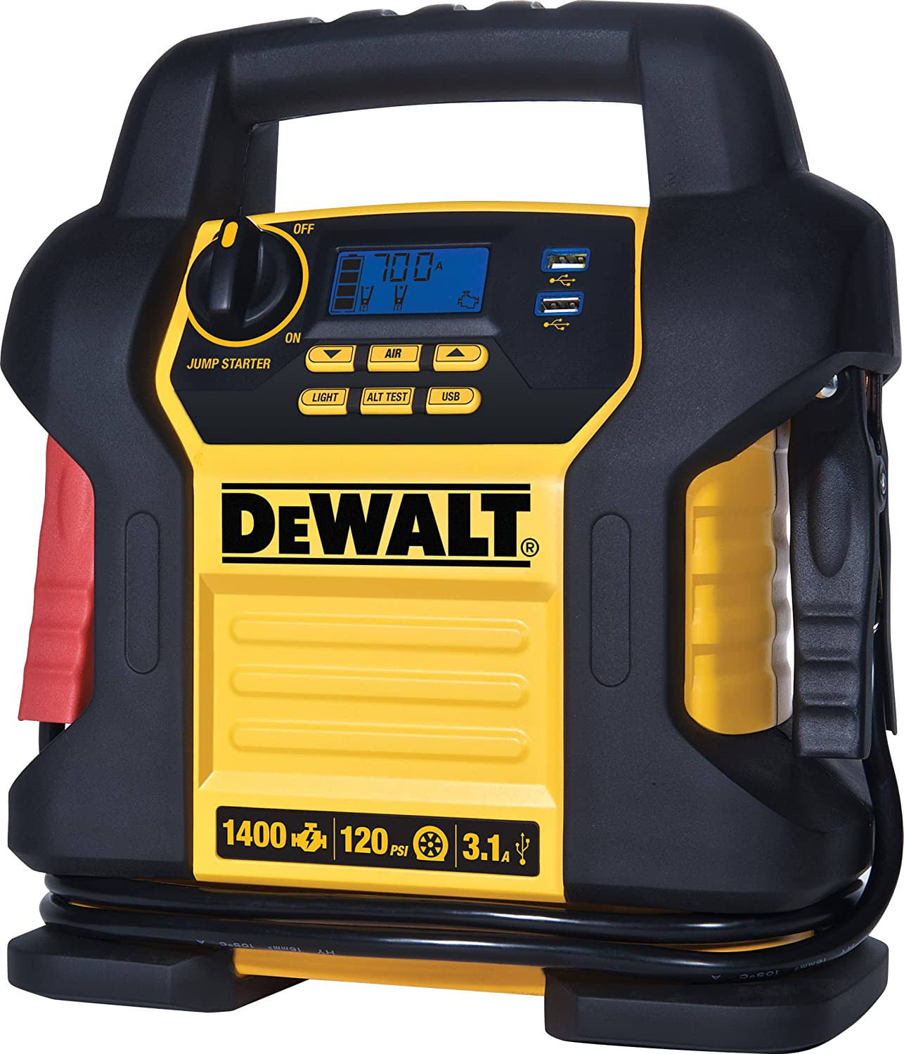 DXAEJ14 Digital Portable Power Station Jump Starter, 1400 Peak/700 Instant Amps, 120 PSI Air Compressor, 3.1A USB Ports, Battery Clamps