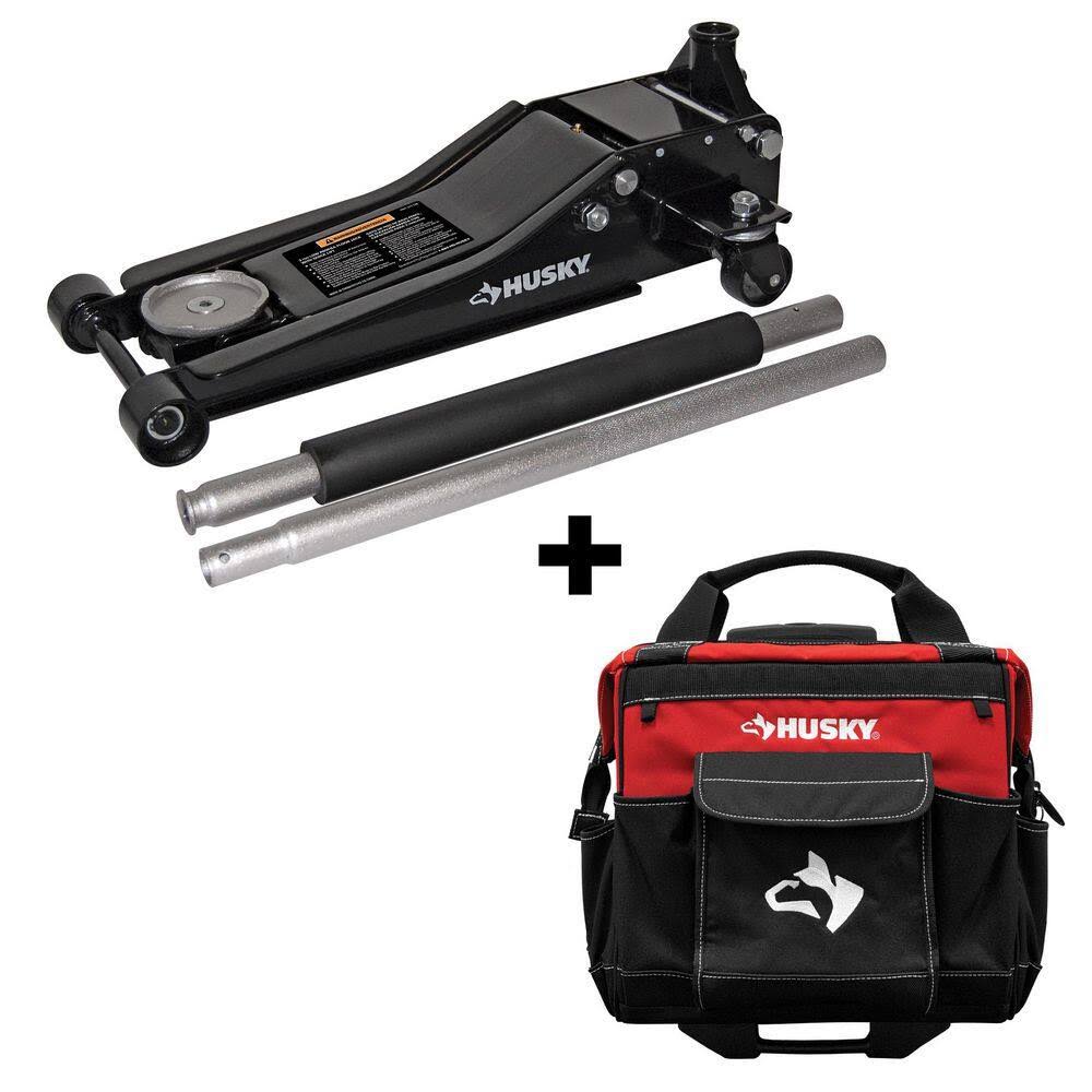 HD0012065014-BD 3-Ton Low Profile Floor Jack with Quick Lift with 14 in. 13 Pocket Rolling Tool Bag