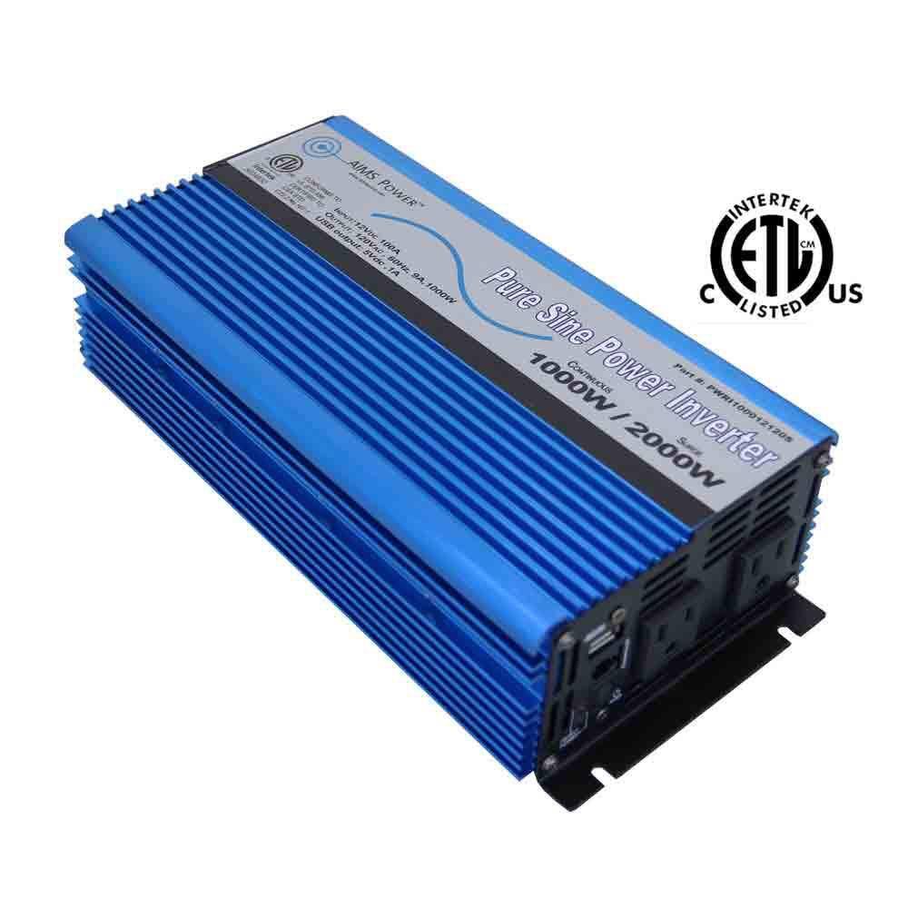 AIMS POWER PWRI100012120S 1,000 Pure Sine Inverter 12-Volt DC to 120-Volt AC ETL Listed to UL 458