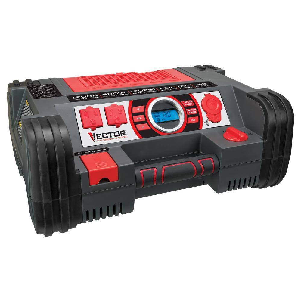 VECTOR PPRH5V 1200 Peak Amp Jump Starter, Dual Power Inverter, 120 PSI Air Compressor, USB Charging Port, Rechargeable
