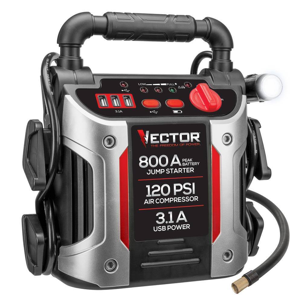 VECTOR J7CV 800 Peak Amp Jump Starter, 120 PSI Air Compressor, Three USB Charging Ports, Rechargeable