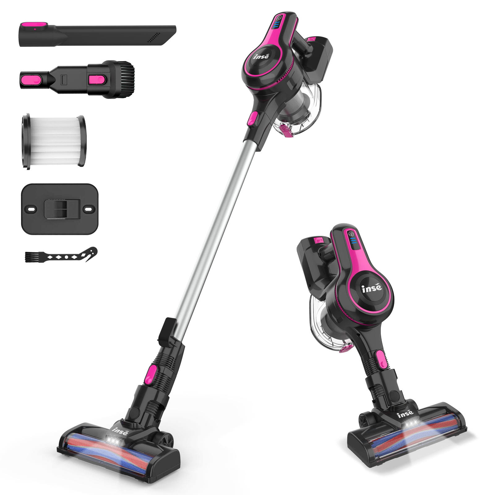 Cordless Vacuum Cleaner, 6 in 1 Rechargeable Powerful Lightweight Stick Vacuum with 2200 mAh Battery, Up to 45 Mins Runtime for Home Hard Floor Carpet Pet Hair   Rose Red