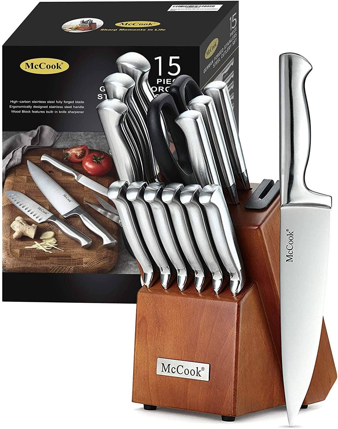 McCook MC29 Knife Sets,15 Pieces German Stainless Steel Kitchen Knife Block Sets with Built-in Sharpener