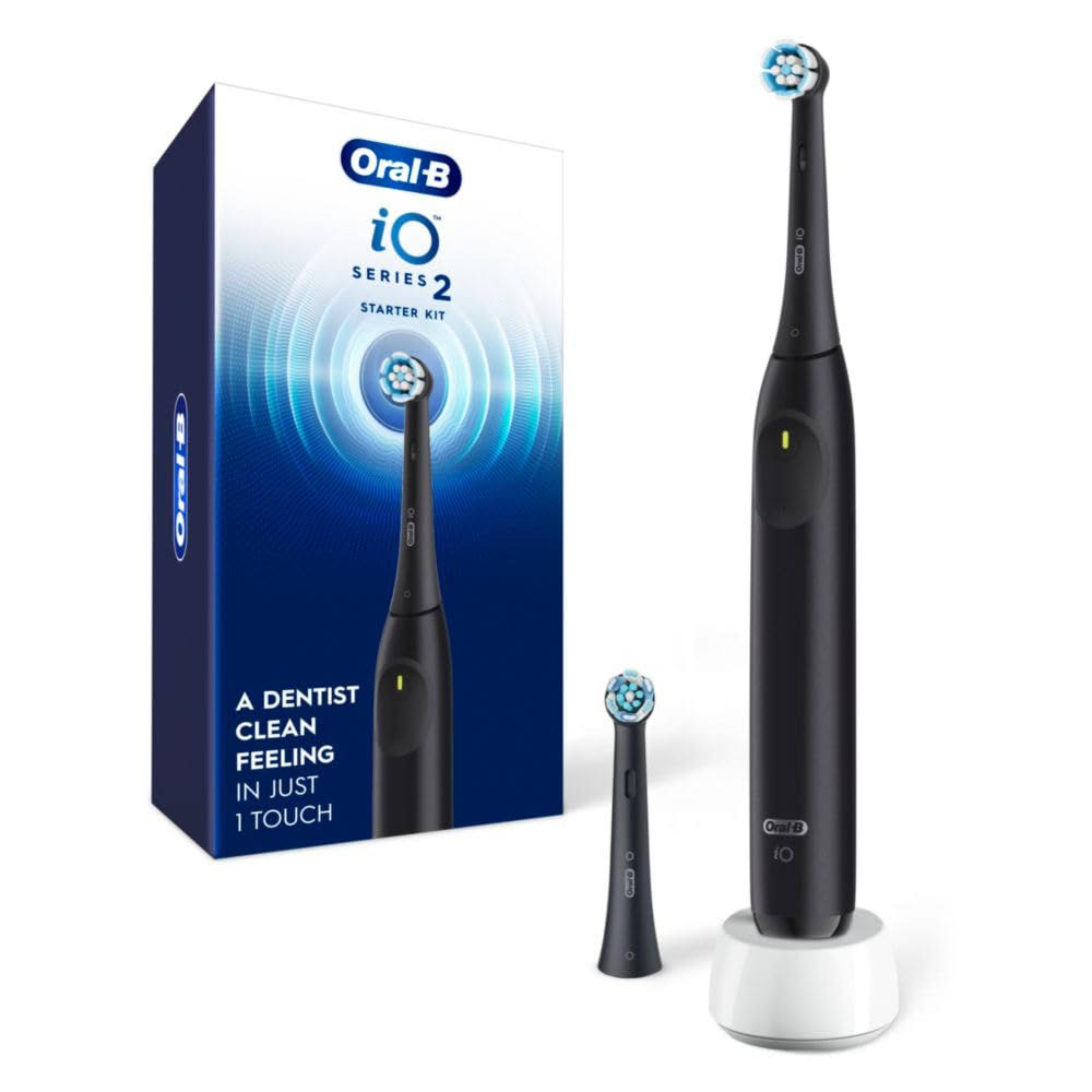 iO Series 2 Rechargeable Electric Powered Toothbrush Starter Kit, Night Black with 2 Brush Heads   Automatic Pressure Sensor to Protect Gums   3 Modes   2 Min Timer