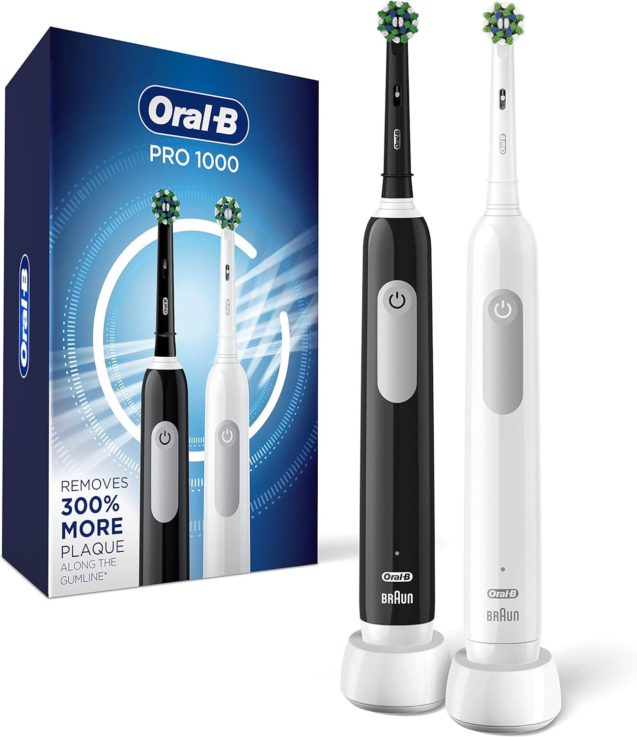 Pro 1000 CrossAction Electric Toothbrush, Black and White, 2 Count