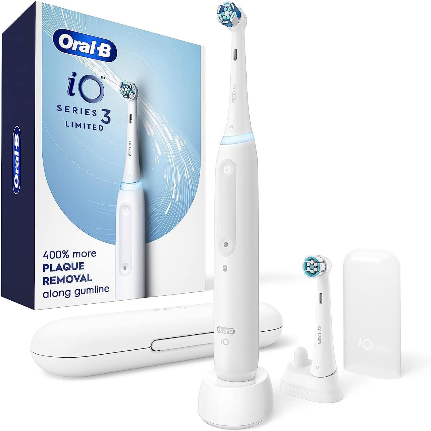 iO Series 3 Limited Rechargeable Electric Powered Toothbrush, White with 2 Brush Heads and Travel Case   Visible Pressure Sensor to Protect Gums   3 Modes   2 Minute Timer