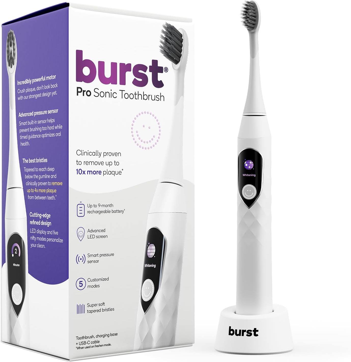 Burst Pro Sonic Toothbrush for Adults   Advanced Electric Toothbrush with Soft Bristles, 33,000 Vibrations, Long-Lasting Battery, and Multiple Brushing Modes   White