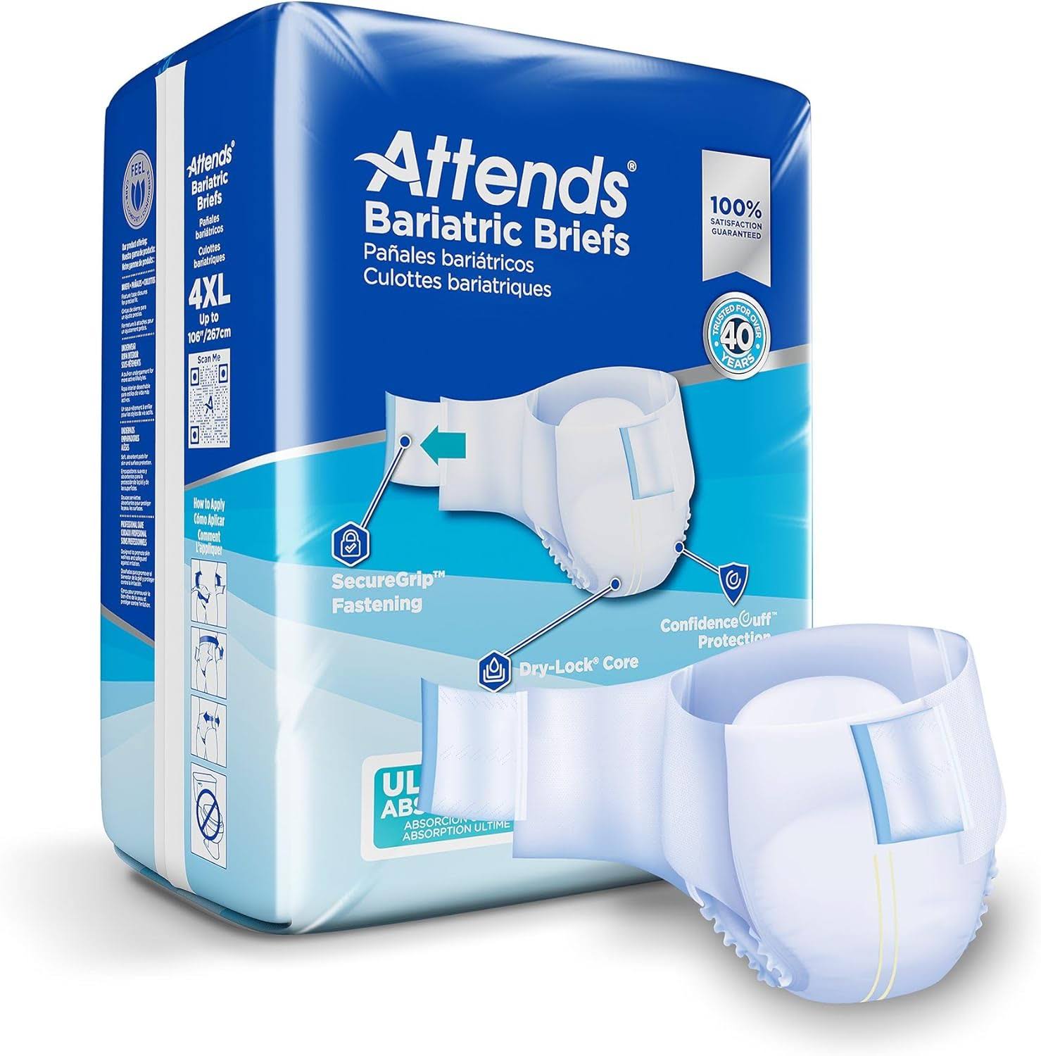 Attends Bariatric Incontinence Disposable Briefs, 4X-Large, Up to 106  Waist with SecureGrip Tab Closure, Ultimate Absorbency, Dry-Lock Containment Core   ConfidenceCuff Leakage Protection, 32ct Case