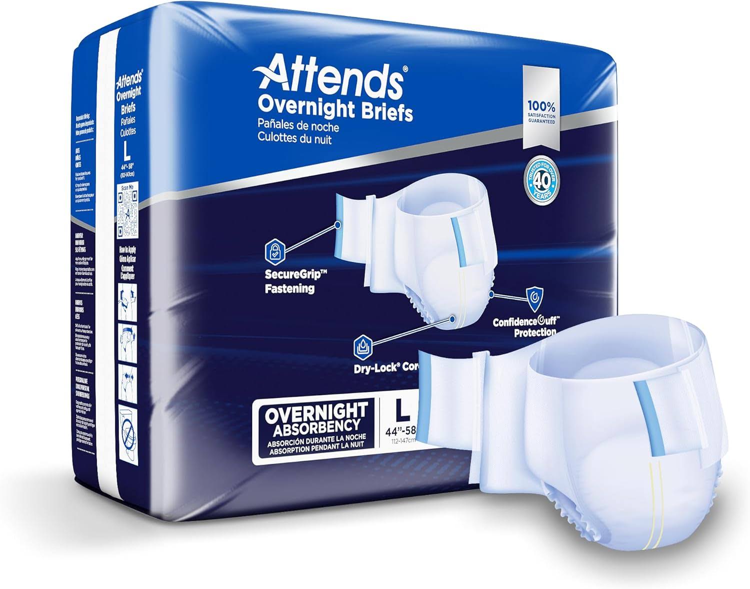 Attends Overnight Disposable Briefs, Large, 44 -58  Waist with Tab Closure, Heavy Absorbency and Dry-Lock Containment Core, 56ct Case