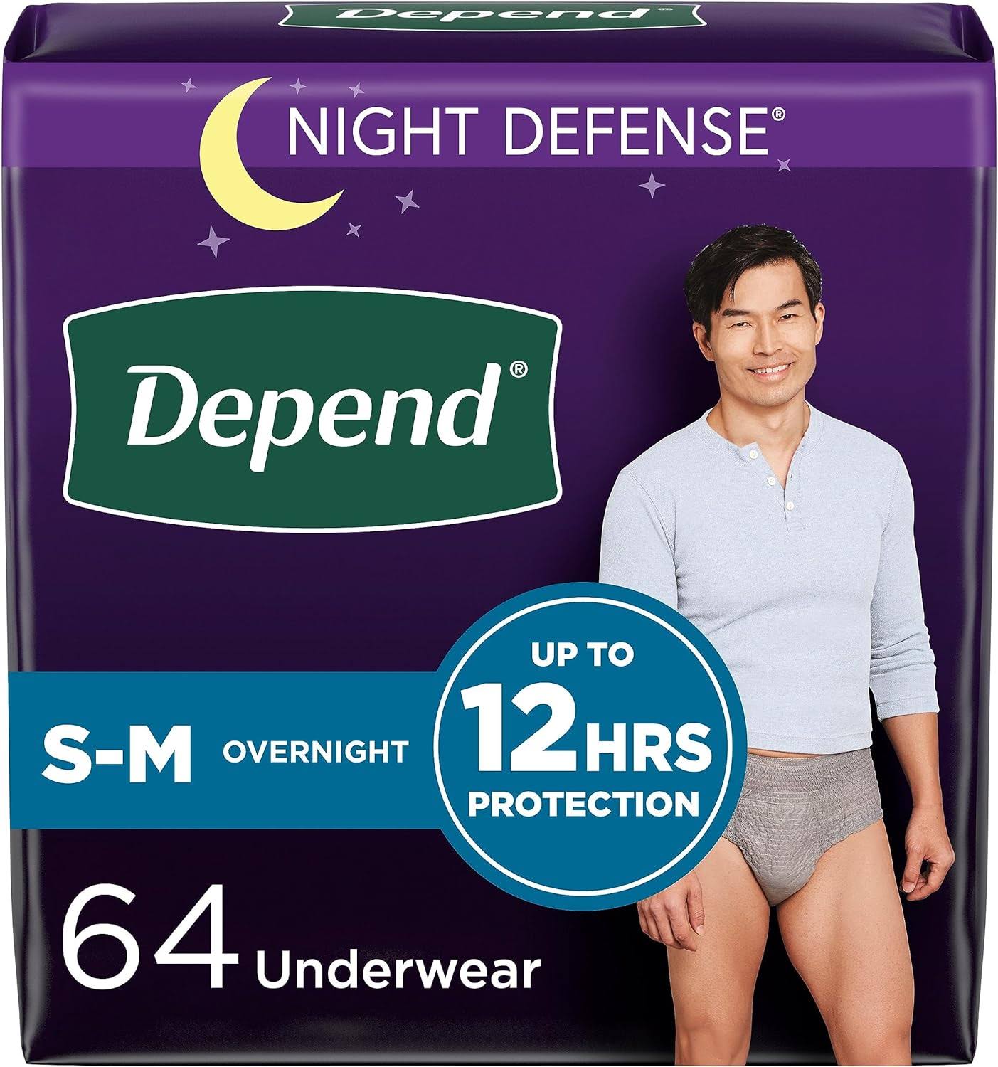 Night Defense Adult Incontinence Underwear for Men, Disposable, Overnight, Small/Medium, Grey, 64 Count (4 Packs of 16), Packaging May Vary
