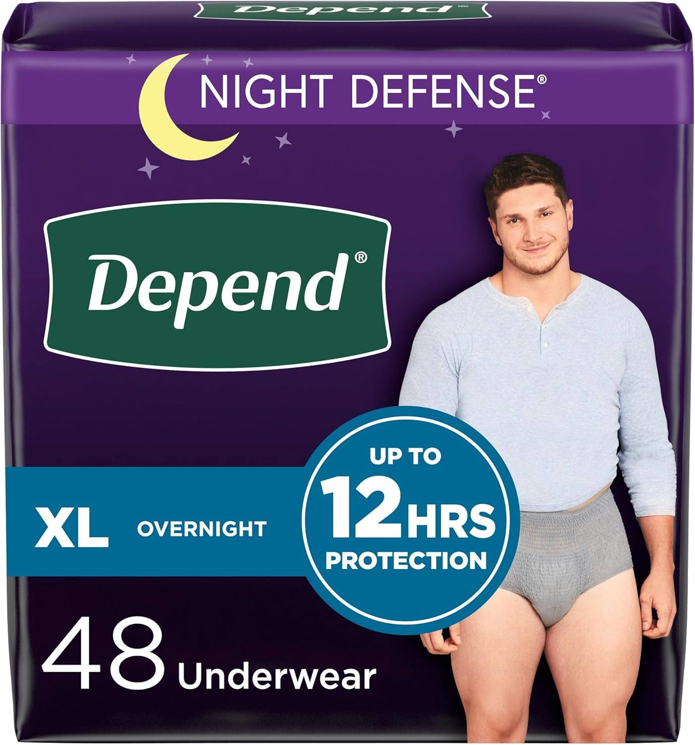 Night Defense Adult Incontinence Underwear for Men, Disposable, Overnight, Extra-Large, Grey, 48 Count (4 Packs of 12), Packaging May Vary