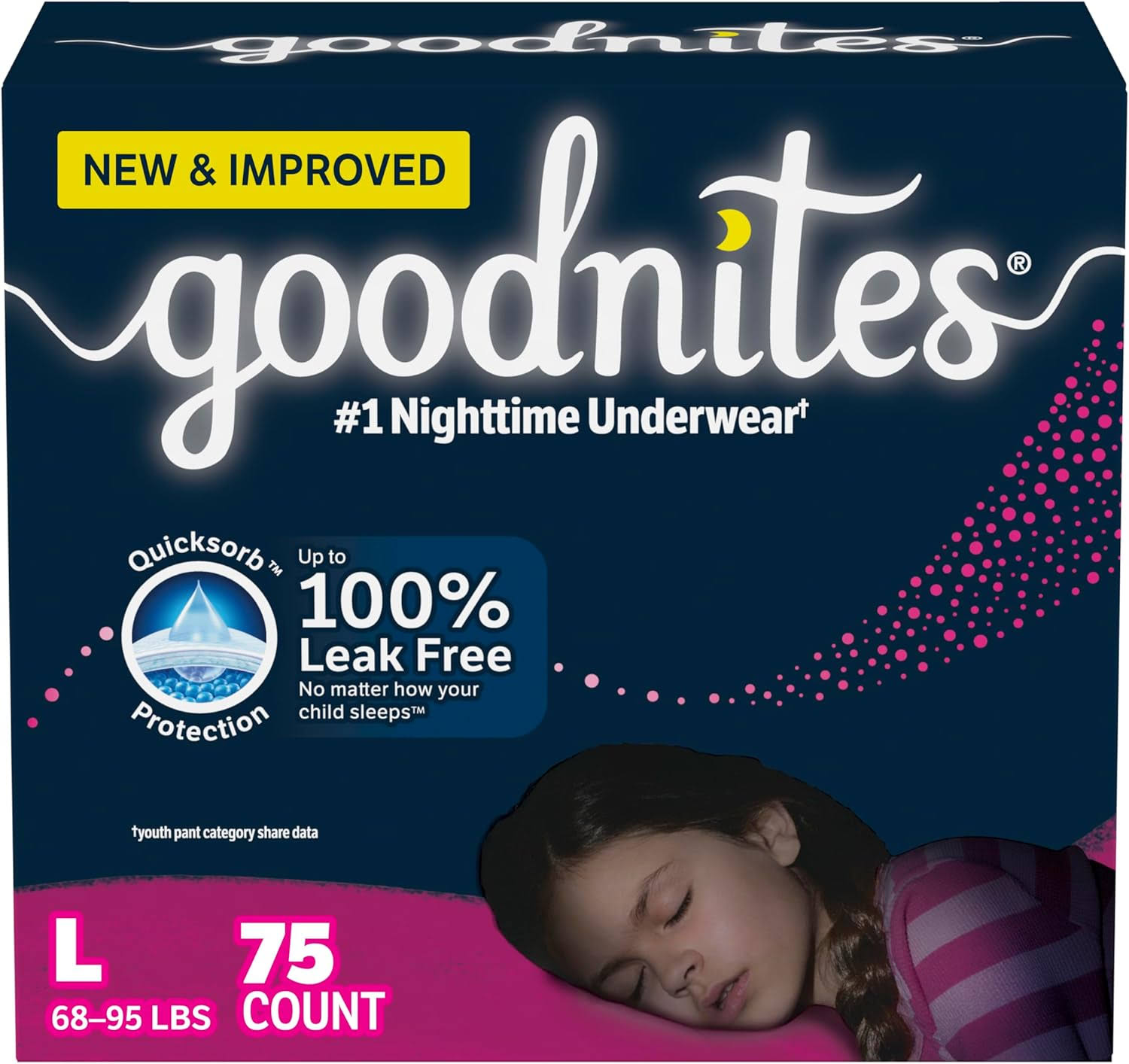 Goodnites Girls  Nighttime Bedwetting Underwear, Size Large (68-95 lbs), 75 Ct (3 Packs of 25), Packaging May Vary