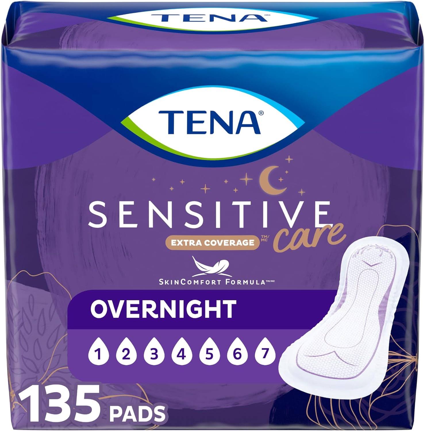 TENA Incontinence Pads, Bladder Control   Postpartum for Women, Overnight Absorbency, Extra Coverage, Sensitive Care   135 Count