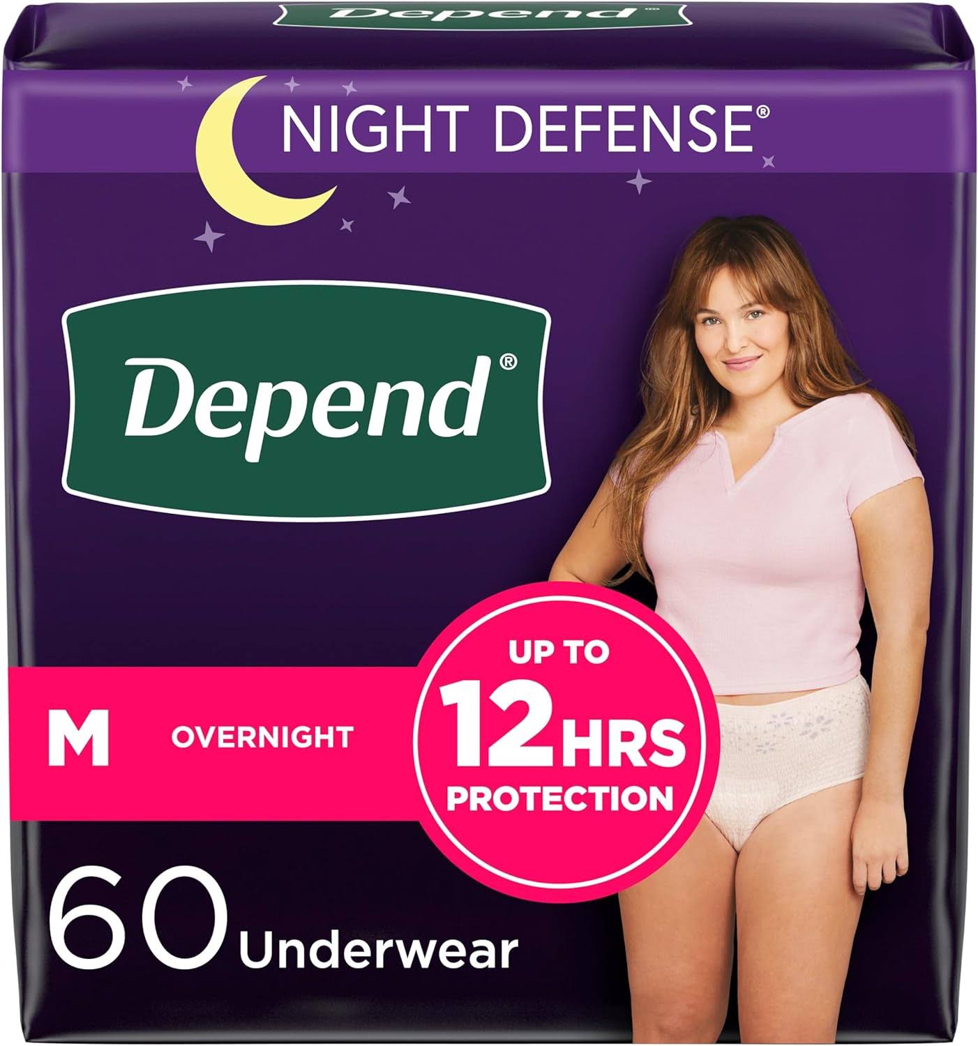 Night Defense Adult Incontinence   Postpartum Bladder Leak Underwear for Women, Disposable, Overnight, Medium, Blush, 60 Count (4 Packs of 15), Packaging May Vary